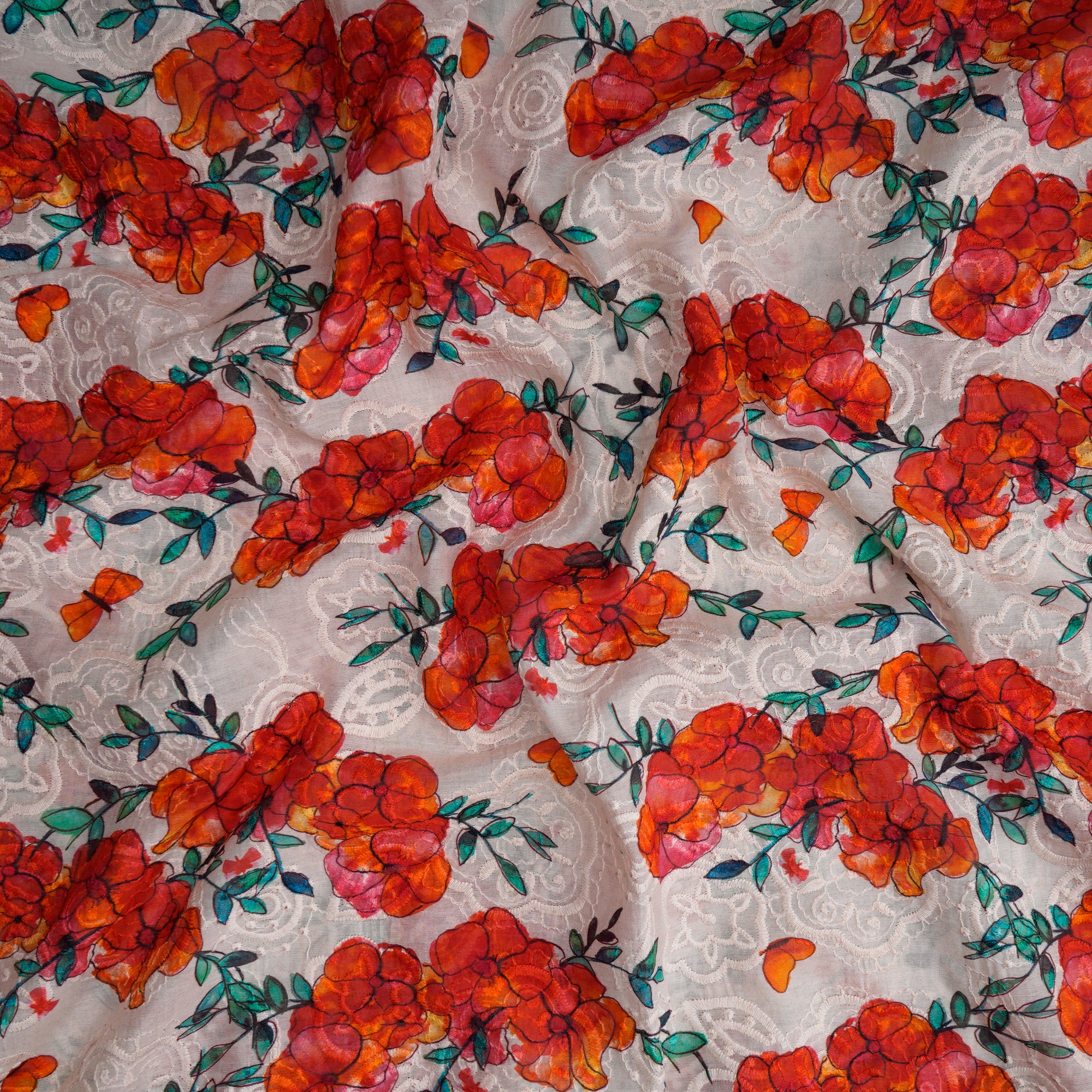 (Pre-Cut 2.50 Mtr) Multi Color Floral Pattern Digital Printed Thread Embroidered Fine Chanderi Fabric