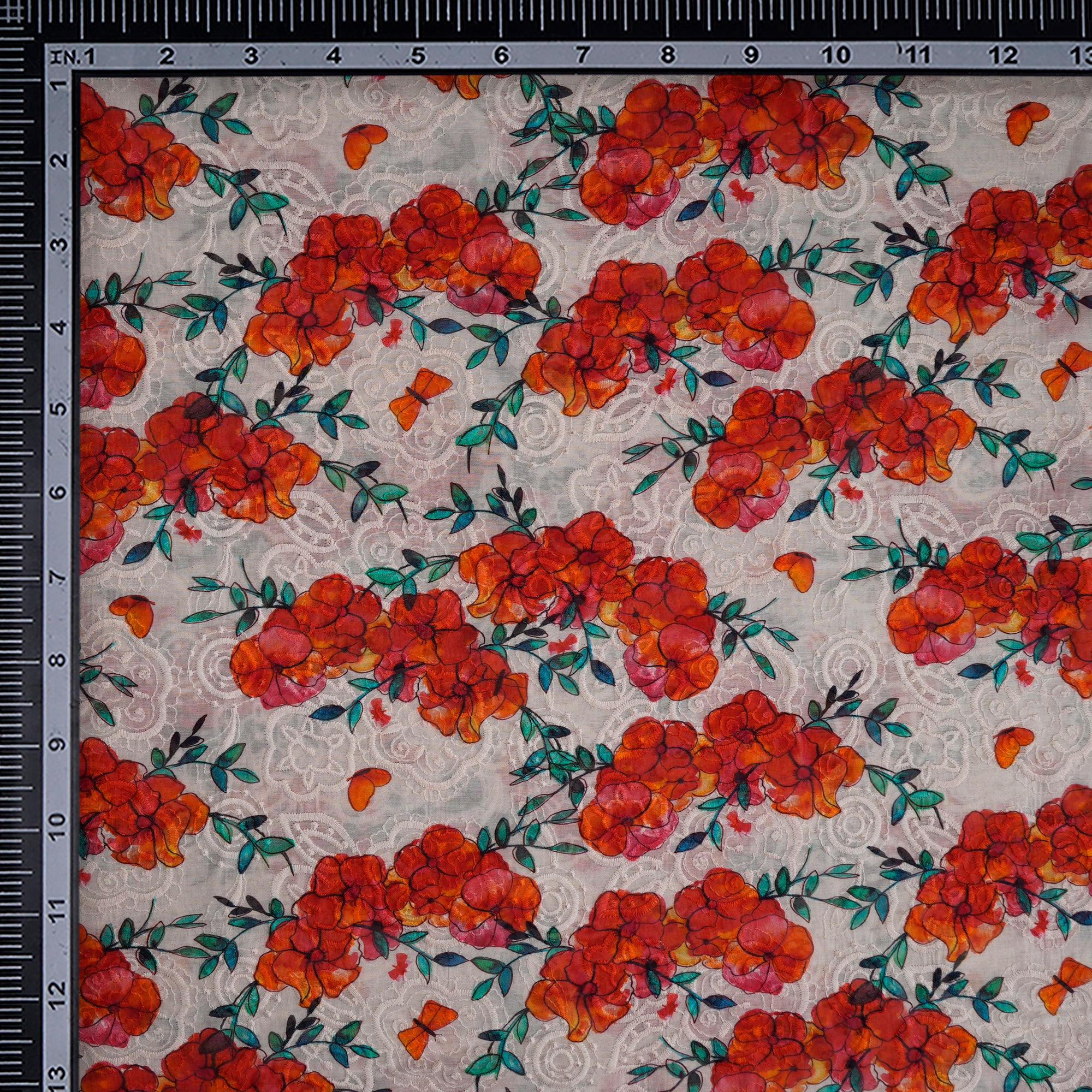 (Pre-Cut 2.50 Mtr) Multi Color Floral Pattern Digital Printed Thread Embroidered Fine Chanderi Fabric