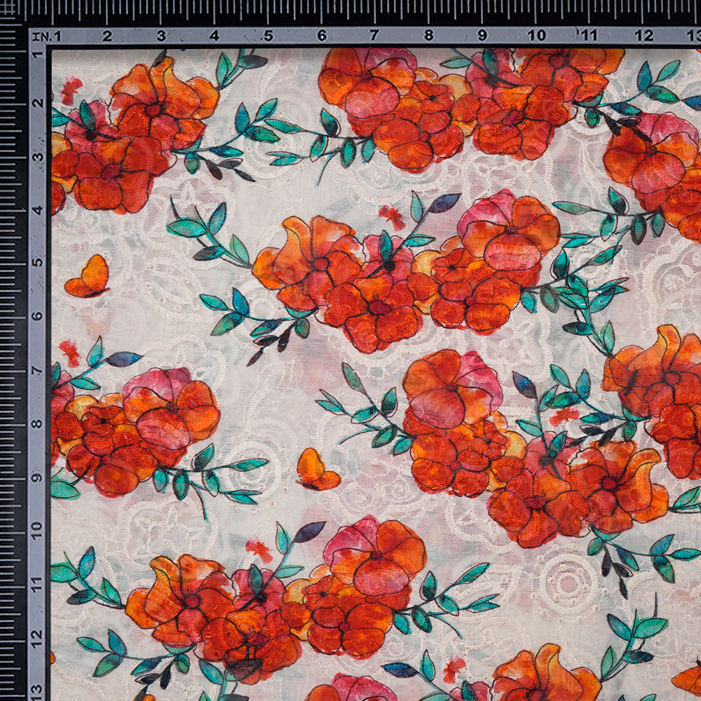 (Pre-Cut 4.60Mtr)Multi Color Digital Printed Embroidered Pure Chanderi Fabric
