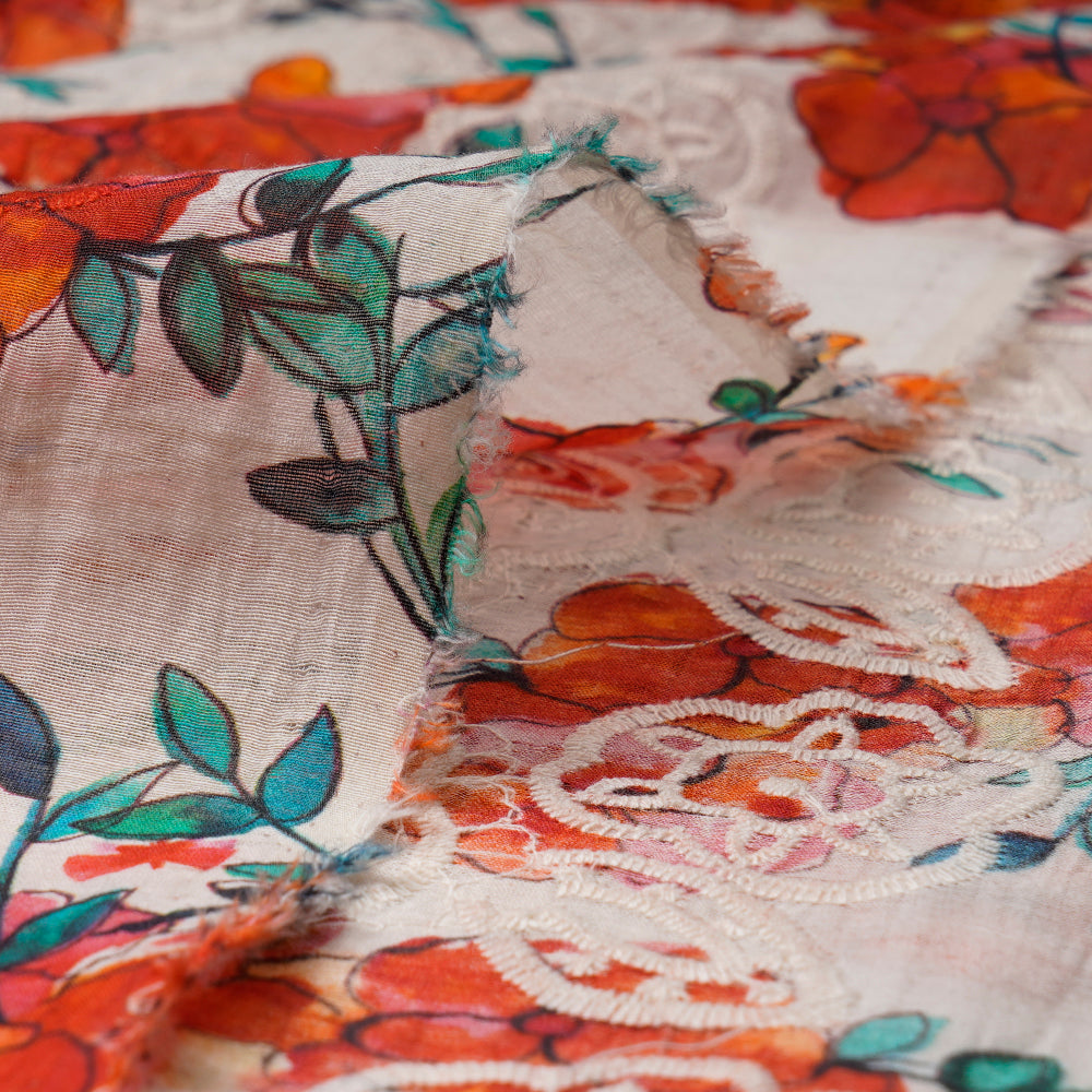 (Pre-Cut 4.60Mtr)Multi Color Digital Printed Embroidered Pure Chanderi Fabric