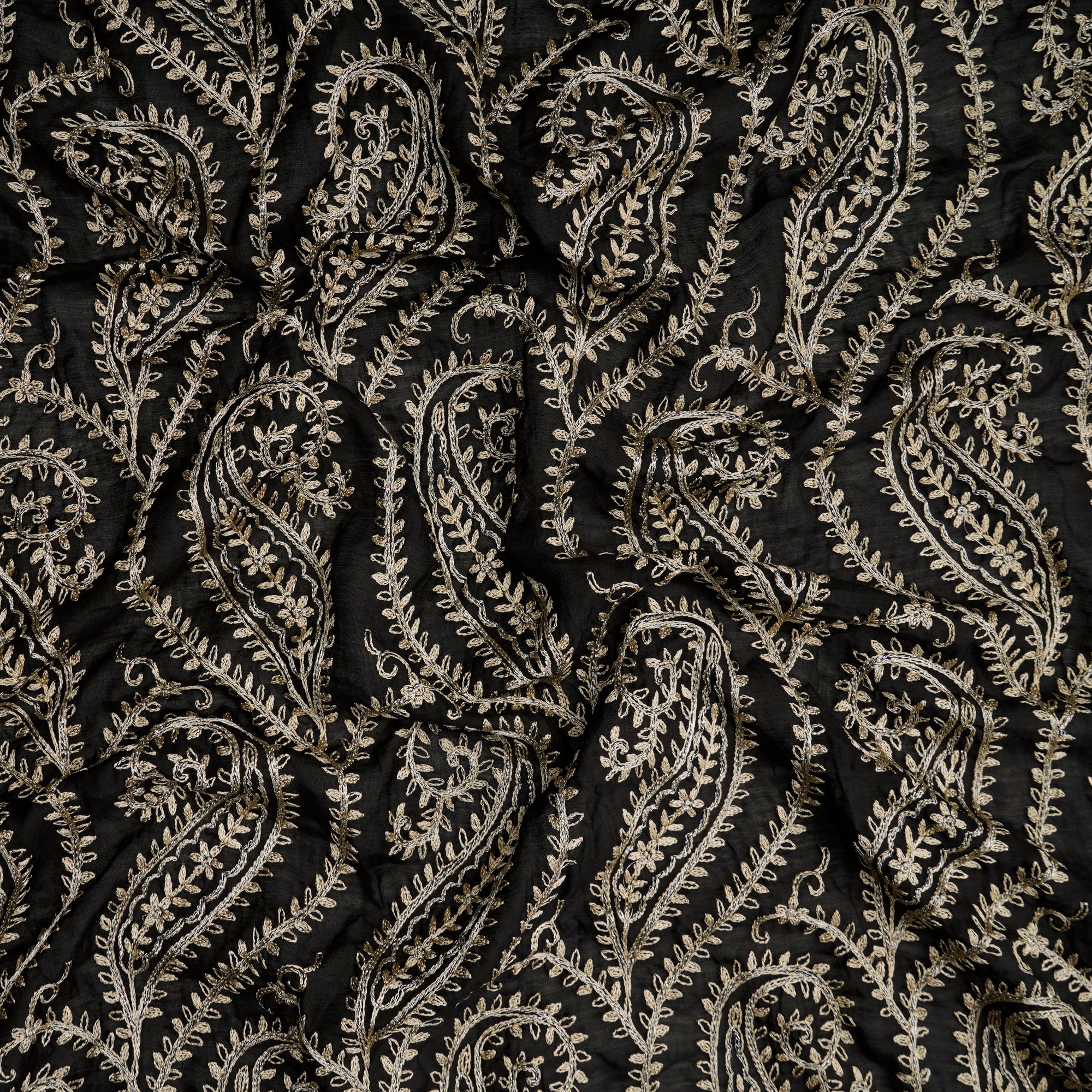 (Pre-Cut 1.35 Mtr) Black All Over Pattern Thread Embroidered Fine Chanderi Fabric