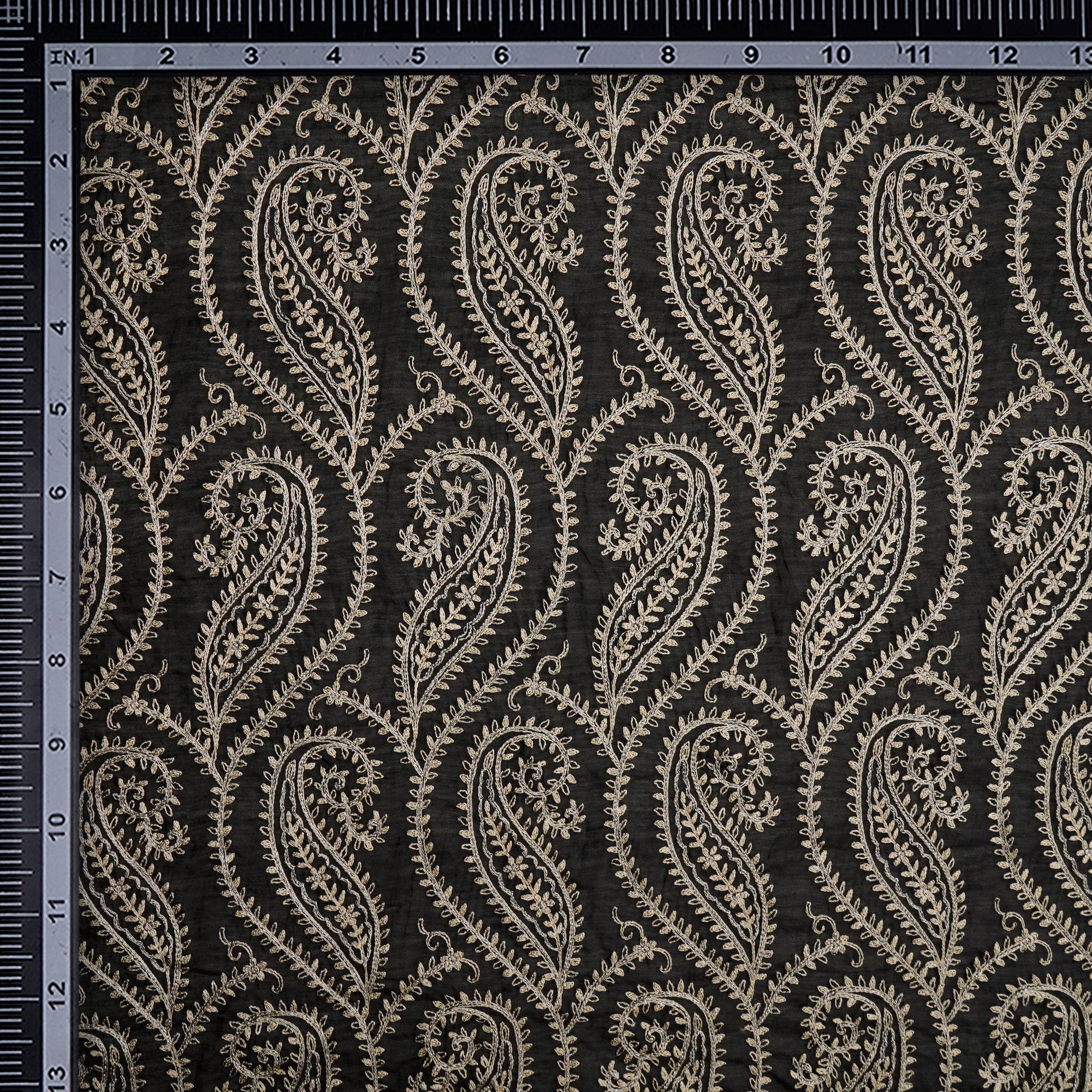 (Pre-Cut 1.35 Mtr) Black All Over Pattern Thread Embroidered Fine Chanderi Fabric