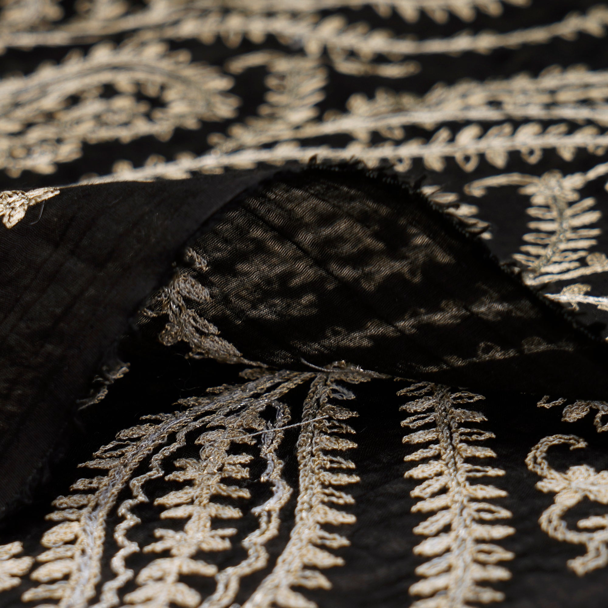 (Pre-Cut 1.35 Mtr) Black All Over Pattern Thread Embroidered Fine Chanderi Fabric