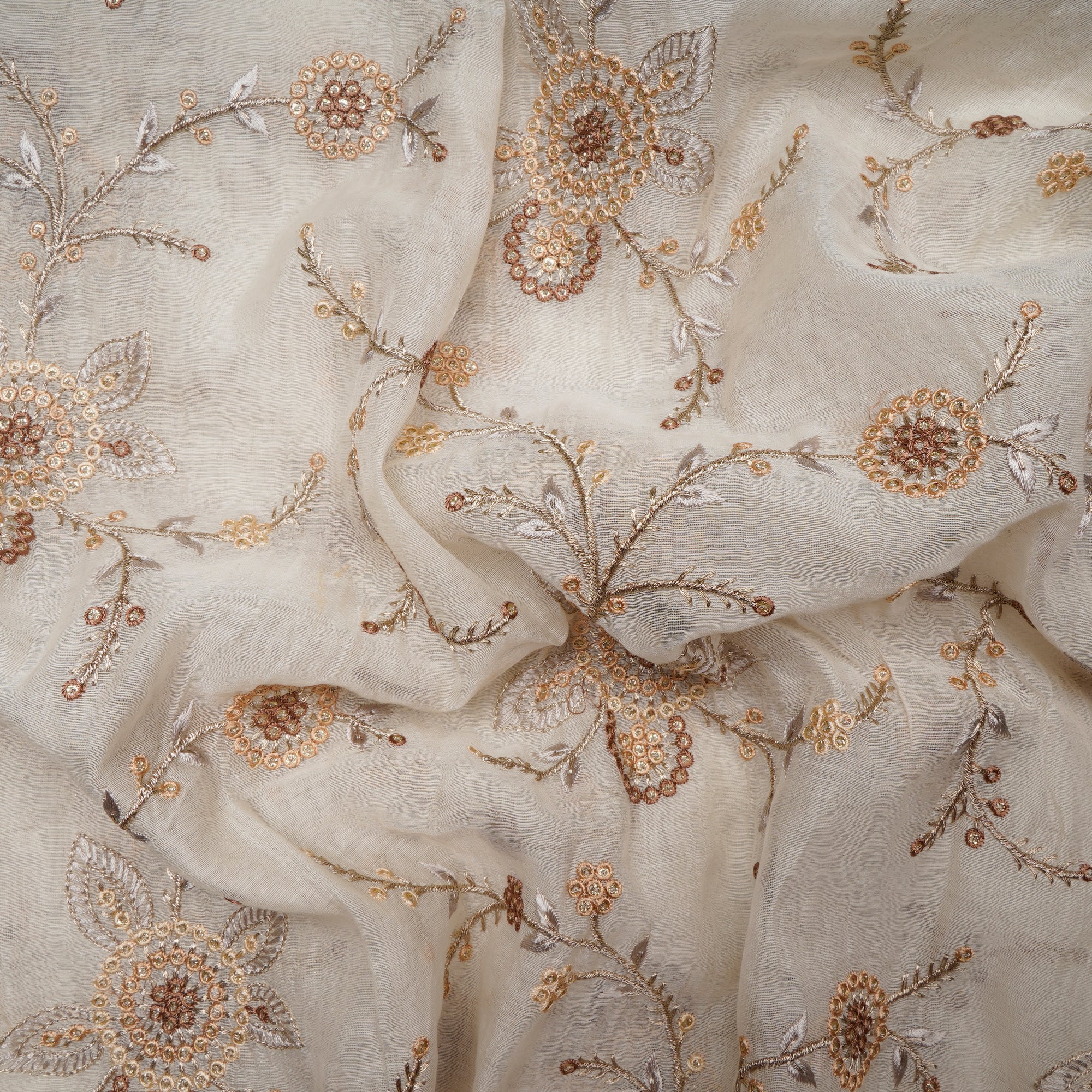 (Pre-Cut 1.00 Mtr)Off-White Floral Pattern Thread & Zari Embroidered Fine Chanderi Fabric