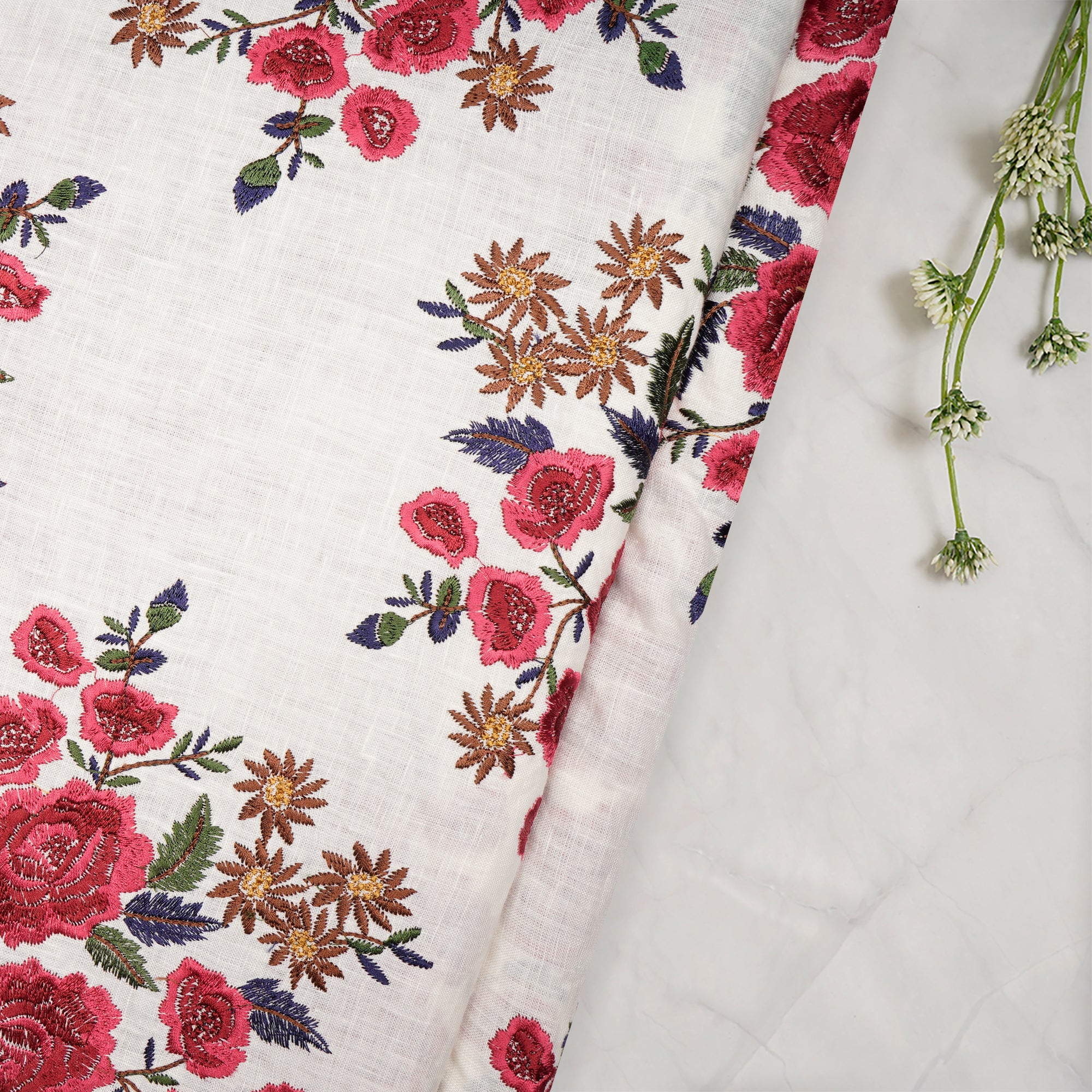 (Pre-Cut 1.00 Mtr)White-Red Color Embroidered Linen Fabric