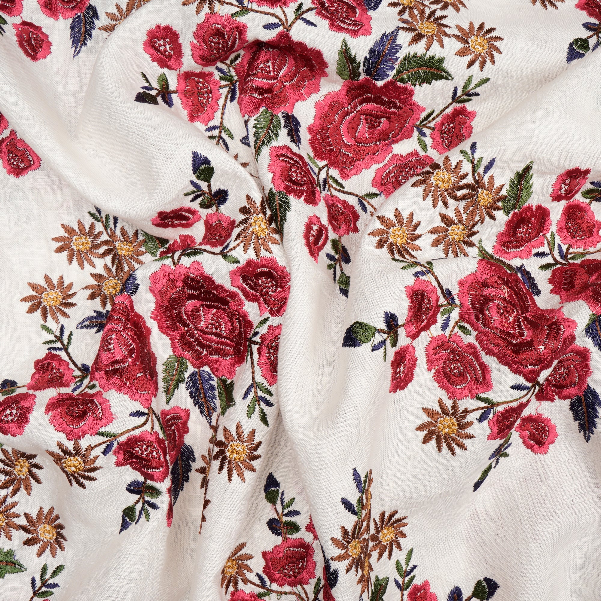 (Pre-Cut 1.00 Mtr)White-Red Color Embroidered Linen Fabric