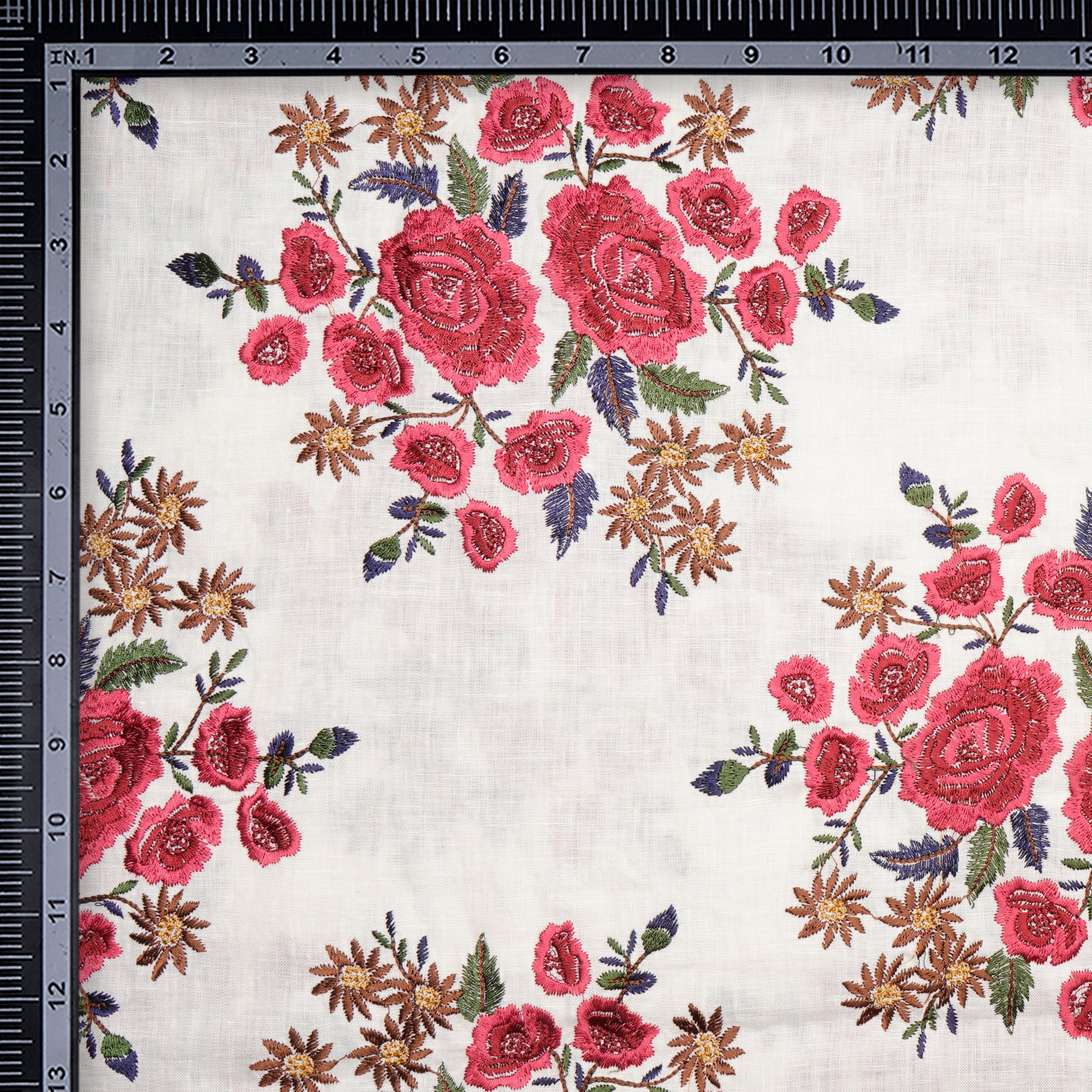 (Pre-Cut 1.00 Mtr)White-Red Color Embroidered Linen Fabric
