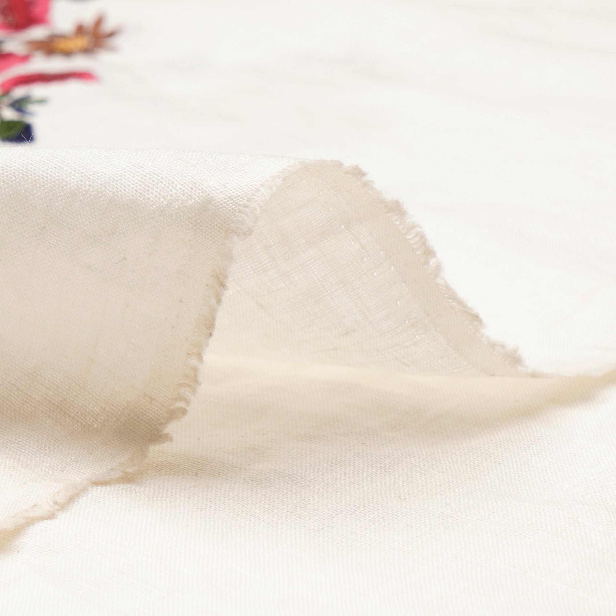 (Pre-Cut 1.00 Mtr)White-Red Color Embroidered Linen Fabric