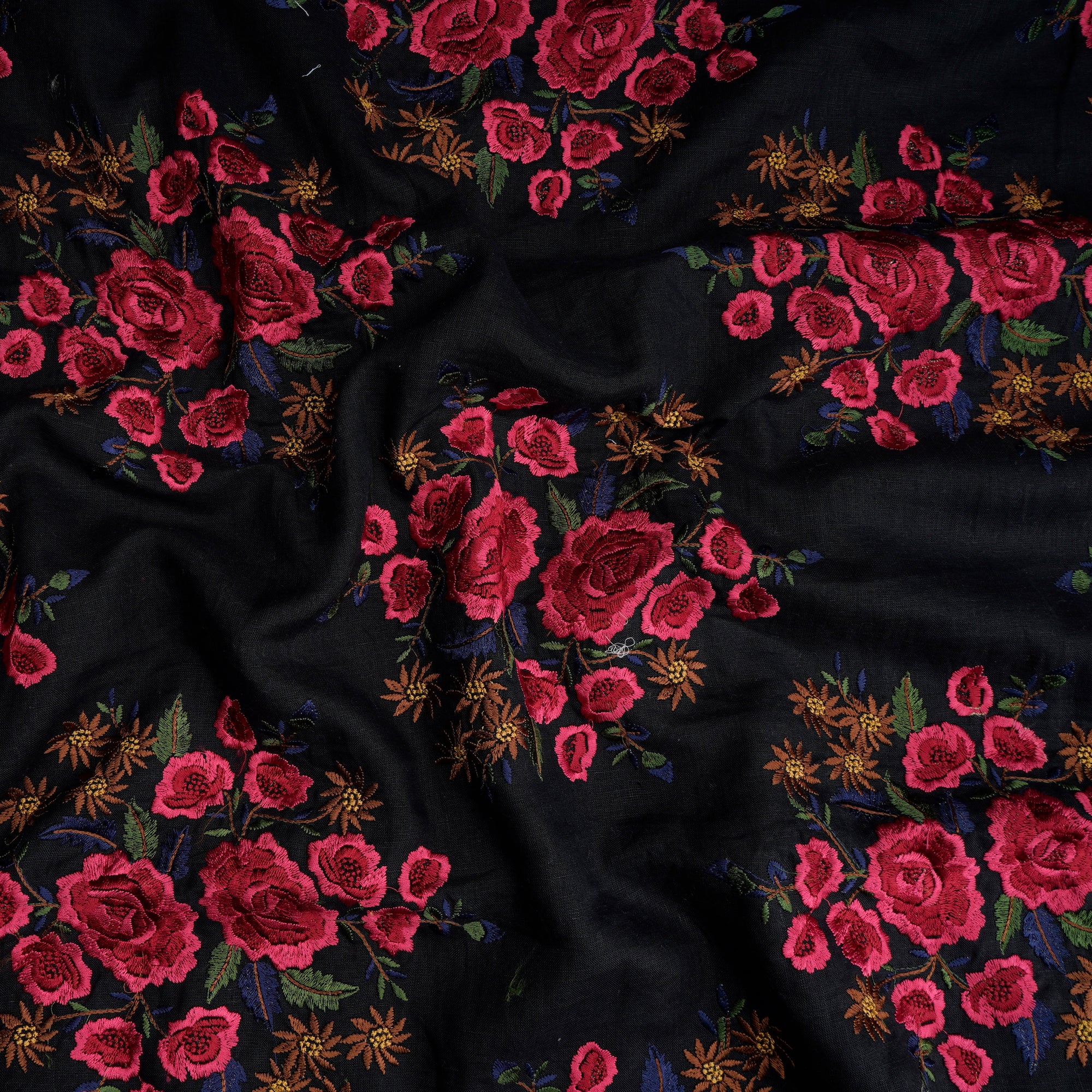 (Pre-Cut 3.80 Mtr) Black Motif Pattern Thread Embroidered Linen Fabric