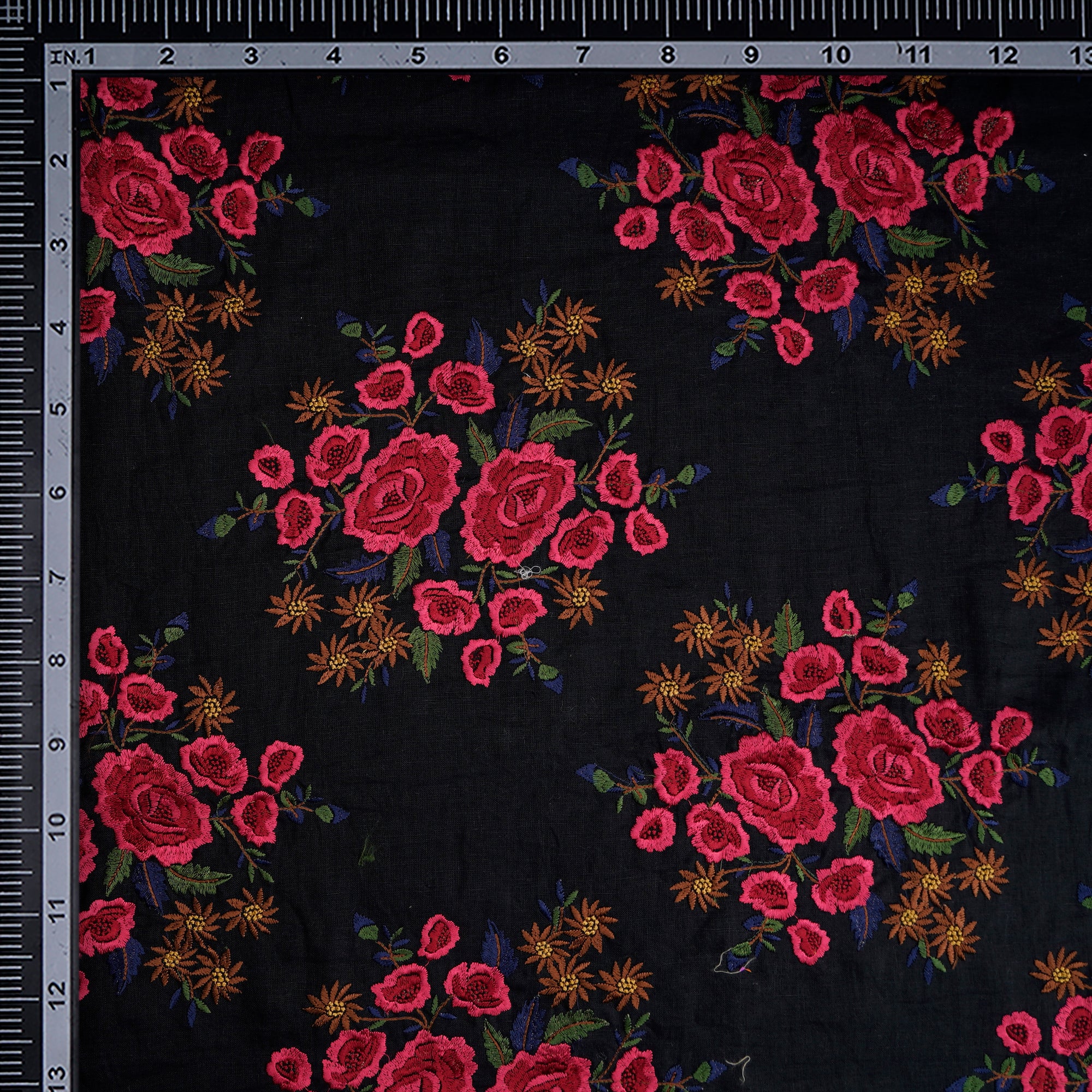 (Pre-Cut 3.80 Mtr) Black Motif Pattern Thread Embroidered Linen Fabric