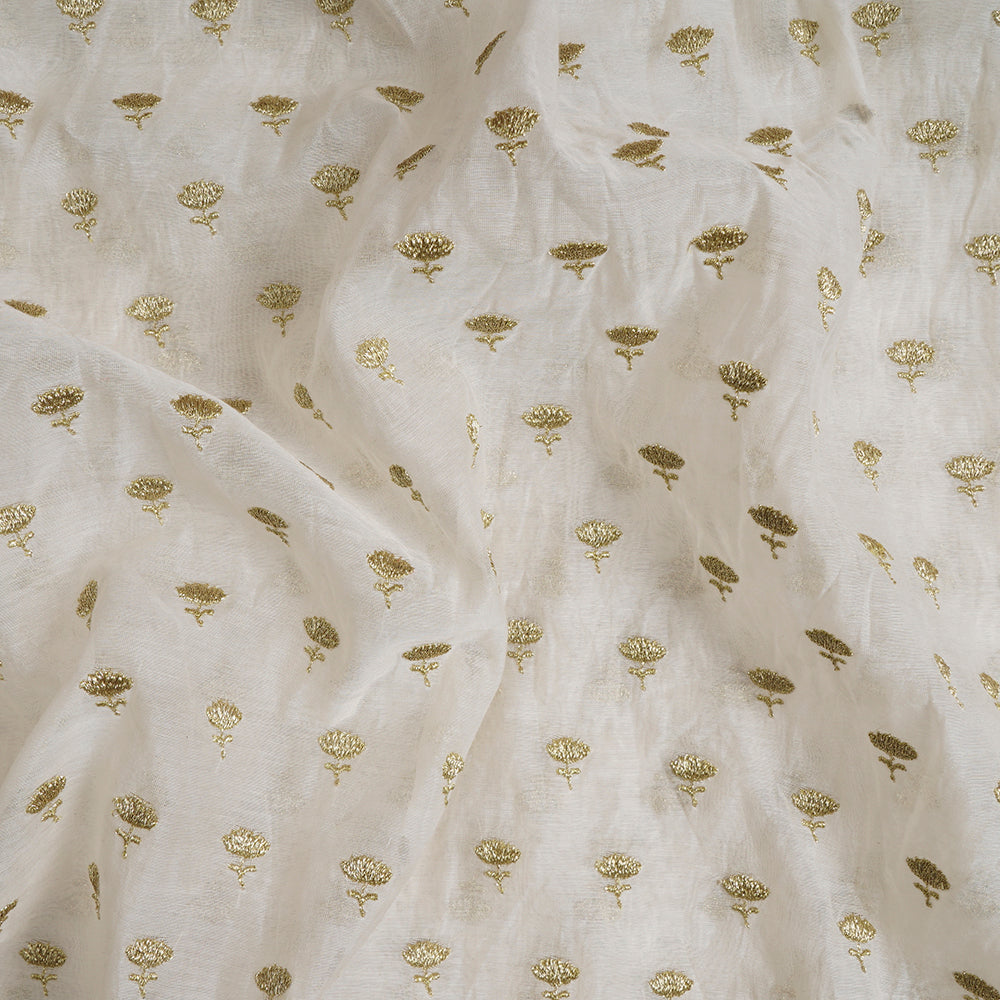 (Pre-Cut 0.50 Mtr)Off-White All Over Pattern Zari Embroidered Fine Chanderi Fabric