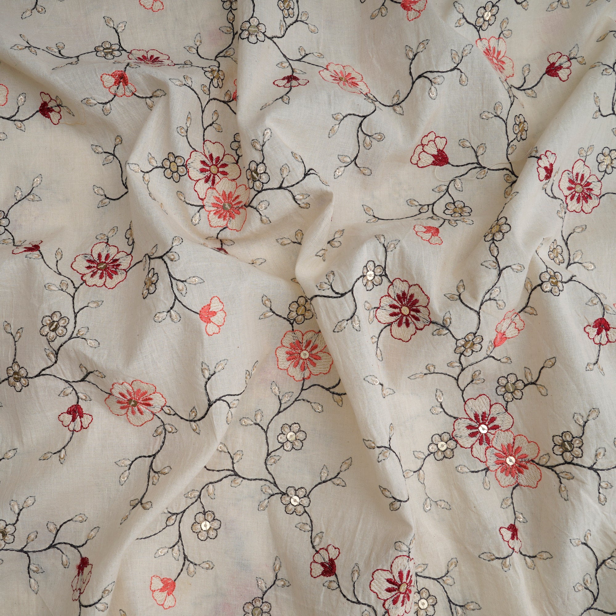 (Pre-Cut 2.95 Mtr) Off-White Dyeable Floral Pattern Thread Embroidered Cotton Fabric