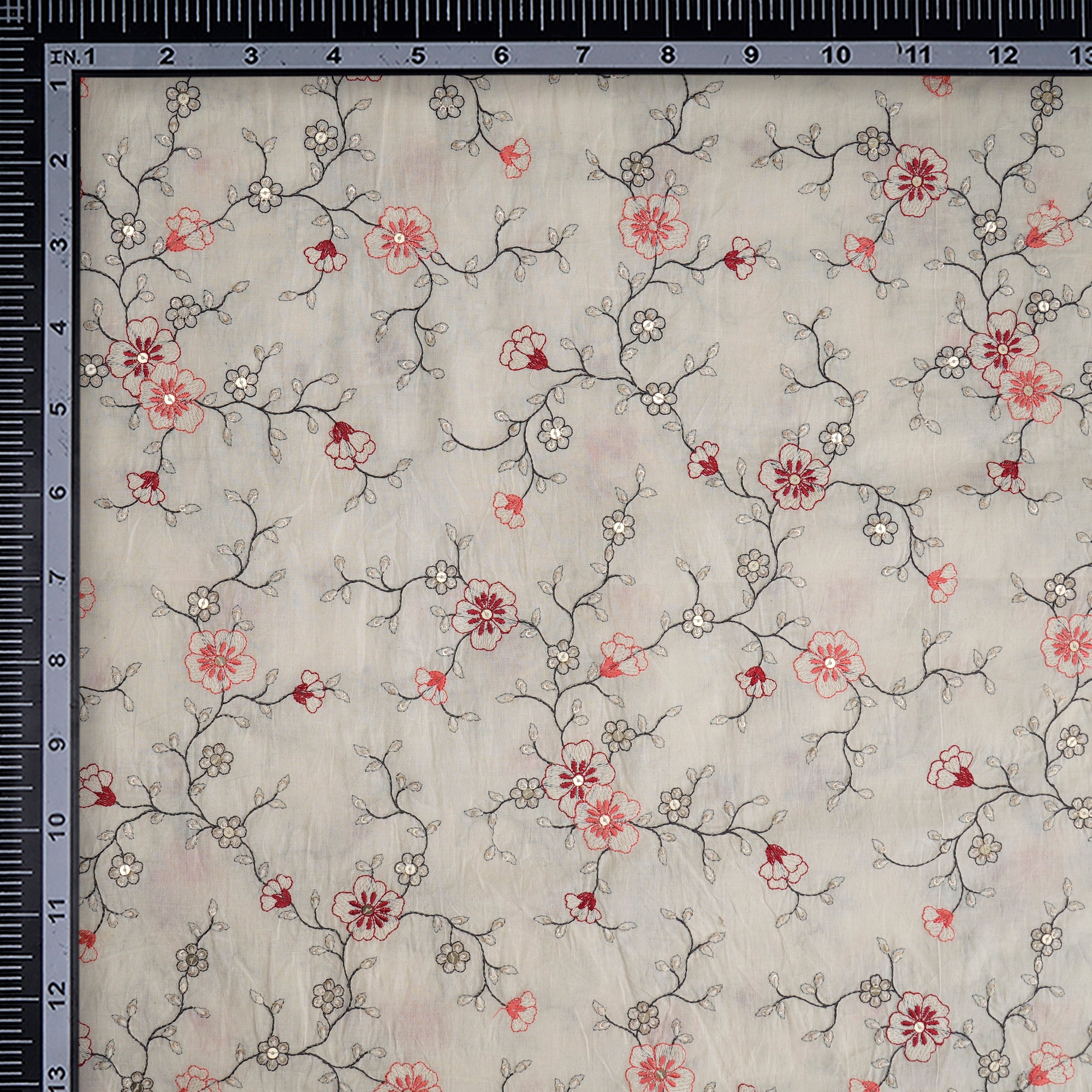 (Pre-Cut 2.95 Mtr) Off-White Dyeable Floral Pattern Thread Embroidered Cotton Fabric