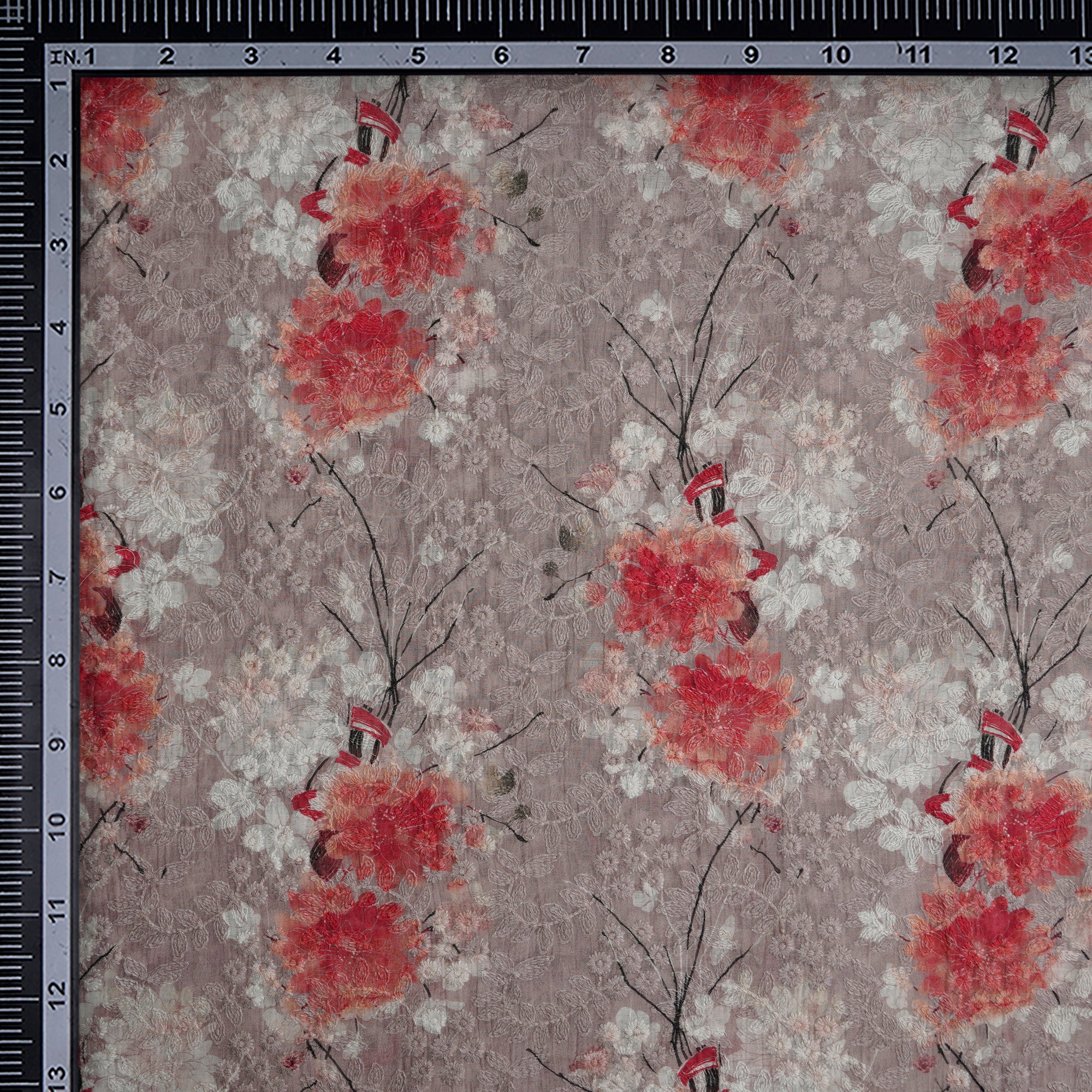 (Pre-Cut 3.60 Mtr) Beige Floral Pattern Digital Printed Thread Embroidered Fine Chanderi Fabric