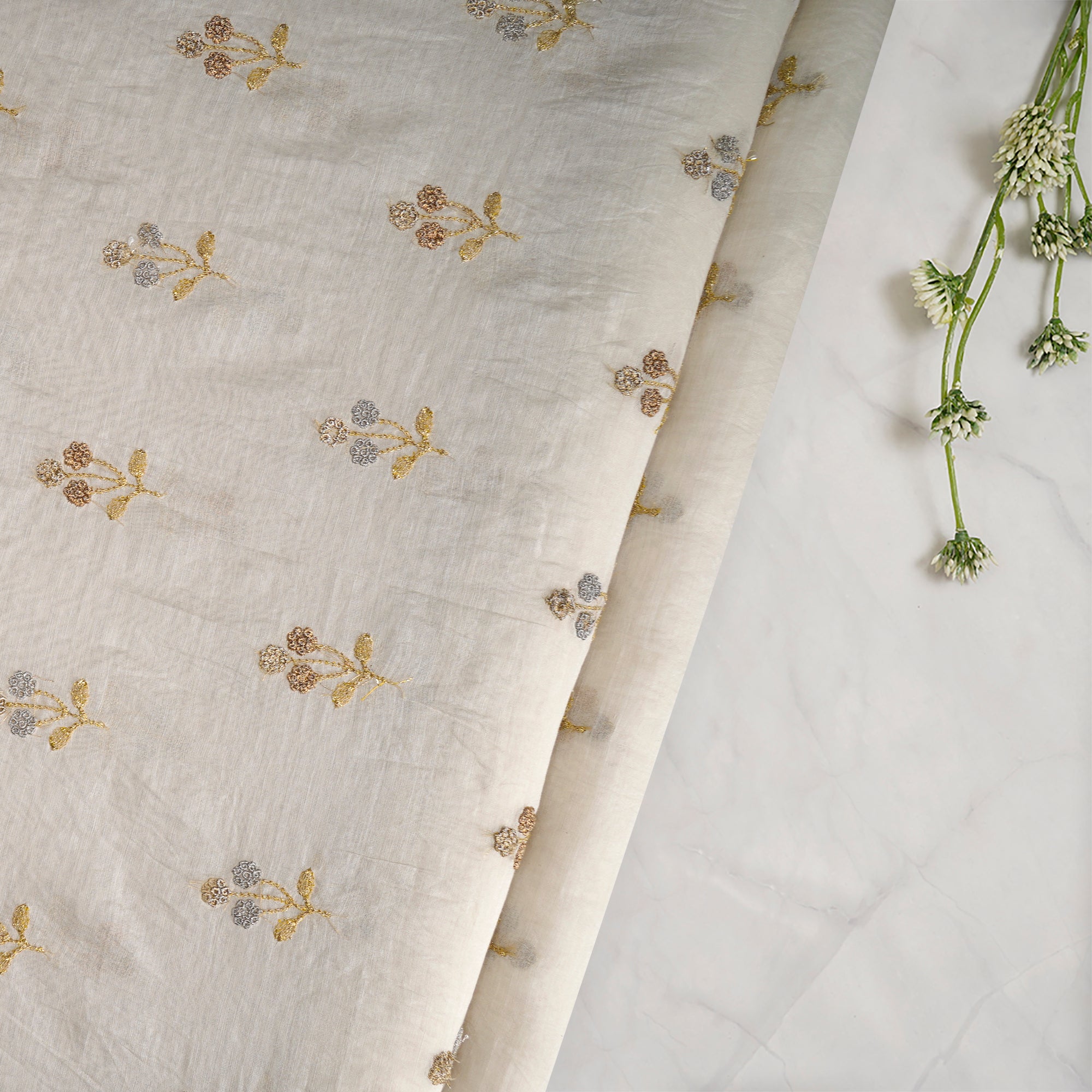 (Pre-Cut 1.60 Mtr) Off-White Dyeable Floral Motif Pattern Zari Embroidered Fine Chanderi Fabric