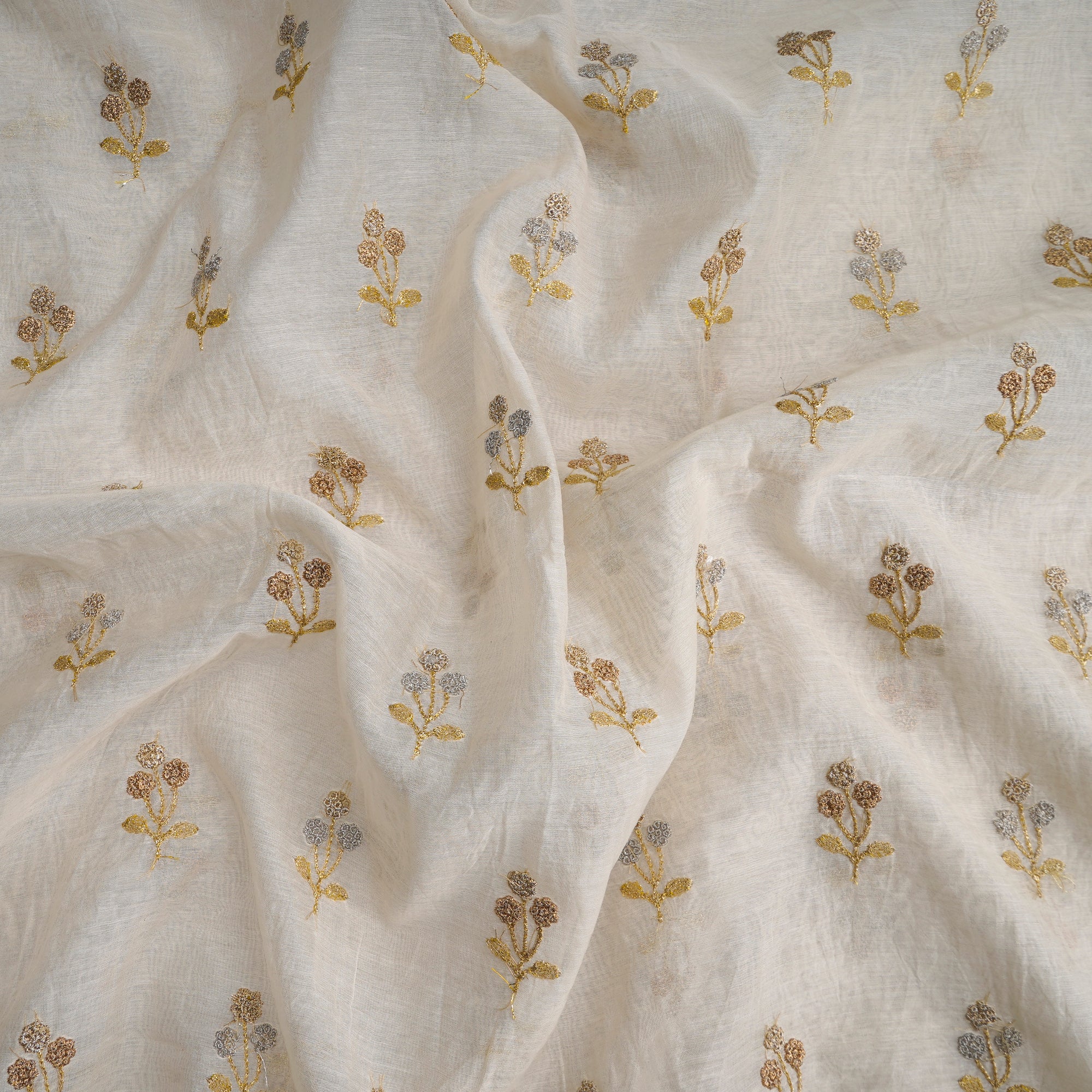 (Pre-Cut 1.60 Mtr) Off-White Dyeable Floral Motif Pattern Zari Embroidered Fine Chanderi Fabric