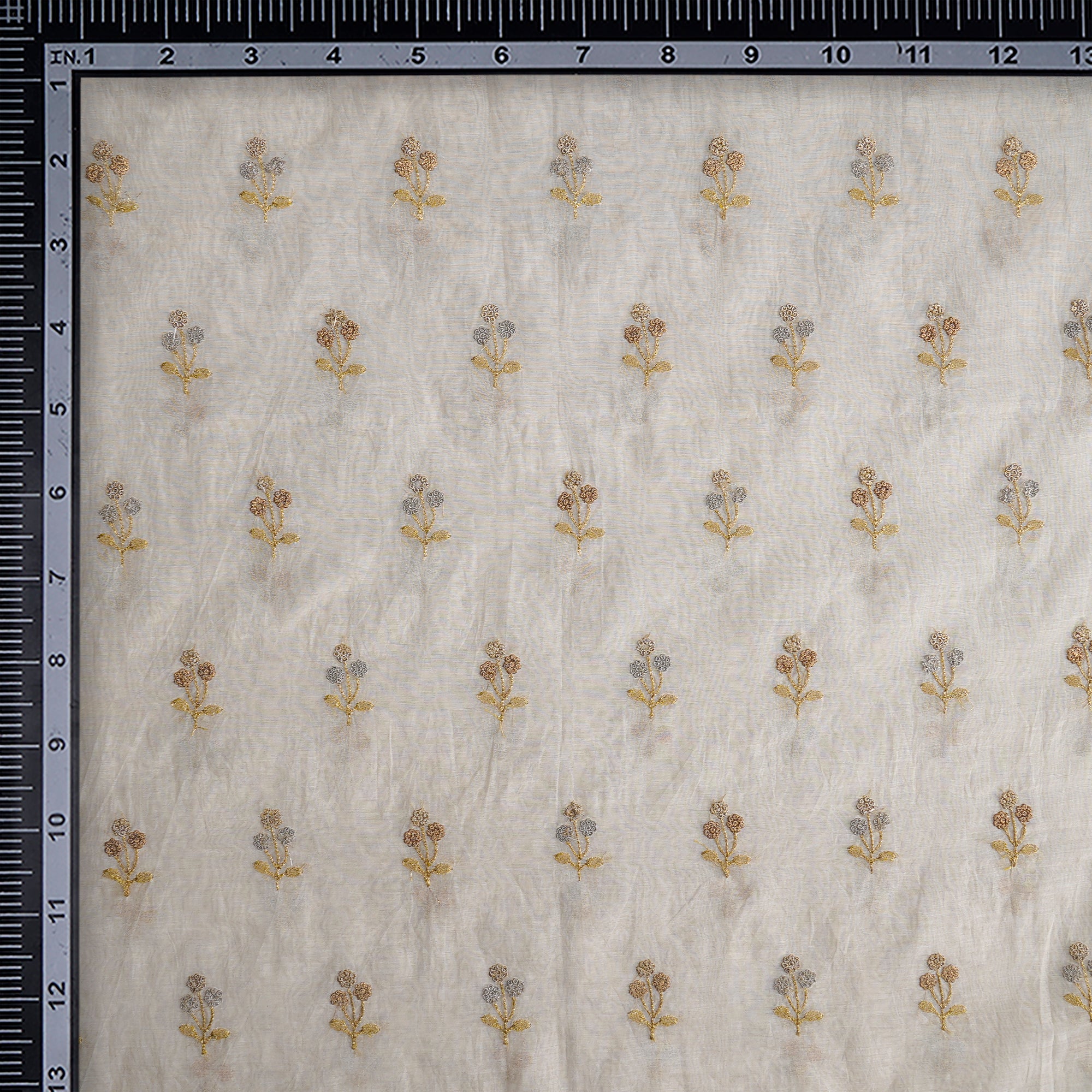 (Pre-Cut 1.60 Mtr) Off-White Dyeable Floral Motif Pattern Zari Embroidered Fine Chanderi Fabric