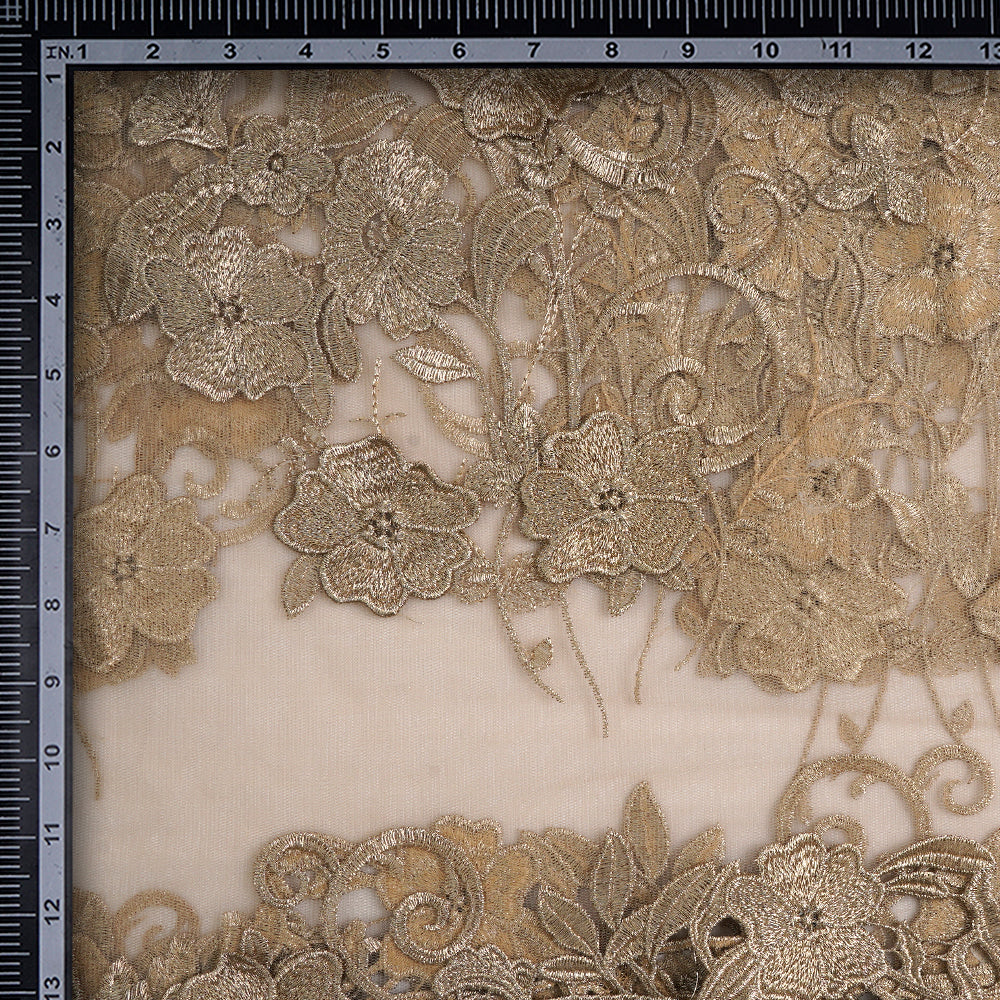 (Pre-Cut 3.55 Mtr) Beige Floral Pattern Zari Embroidered Nylon Net Fabric