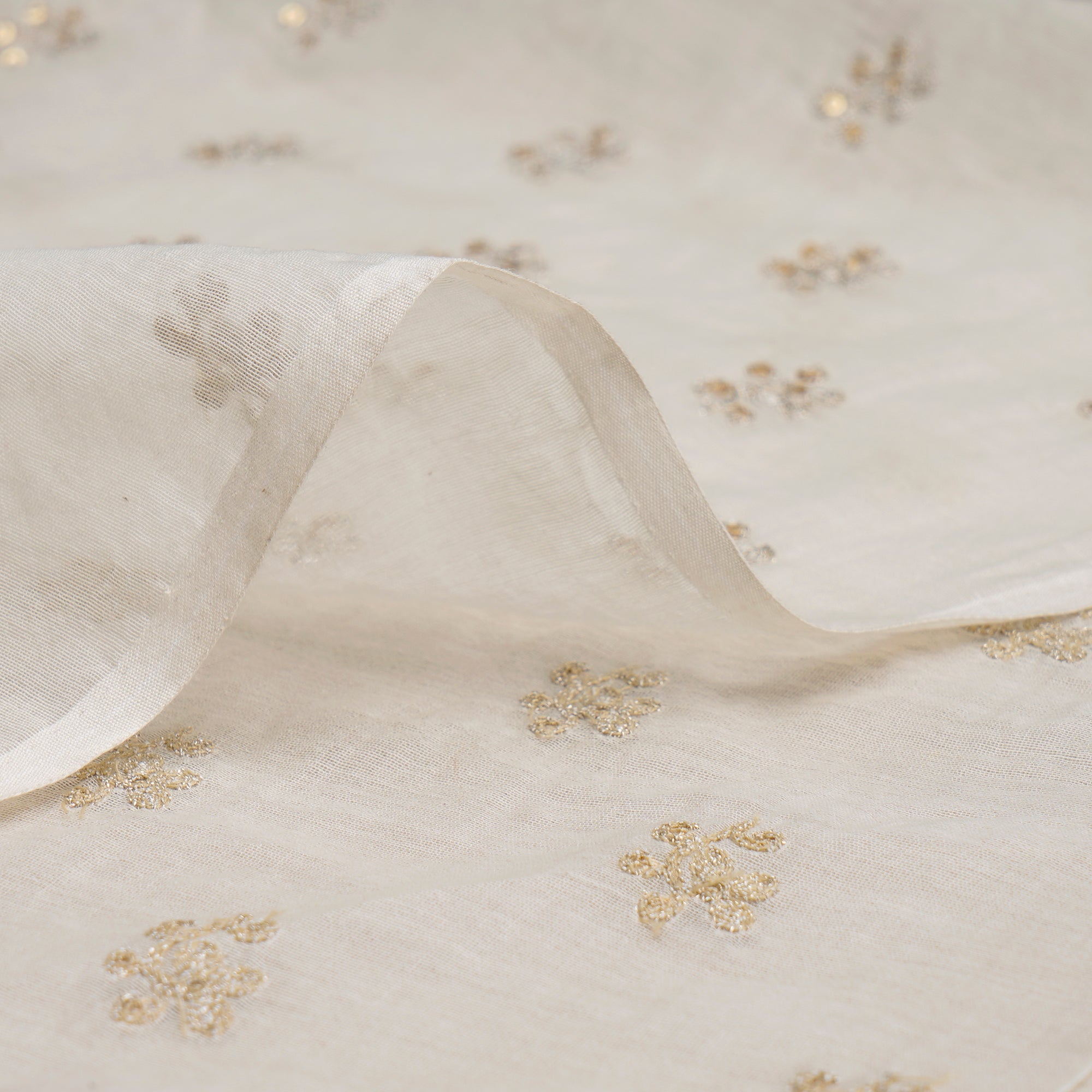 (Pre-Cut 0.80 Mtr) Off-White Dyeable Motif Pattern Zari & Sequins Embroidered Fine Chanderi Fabric