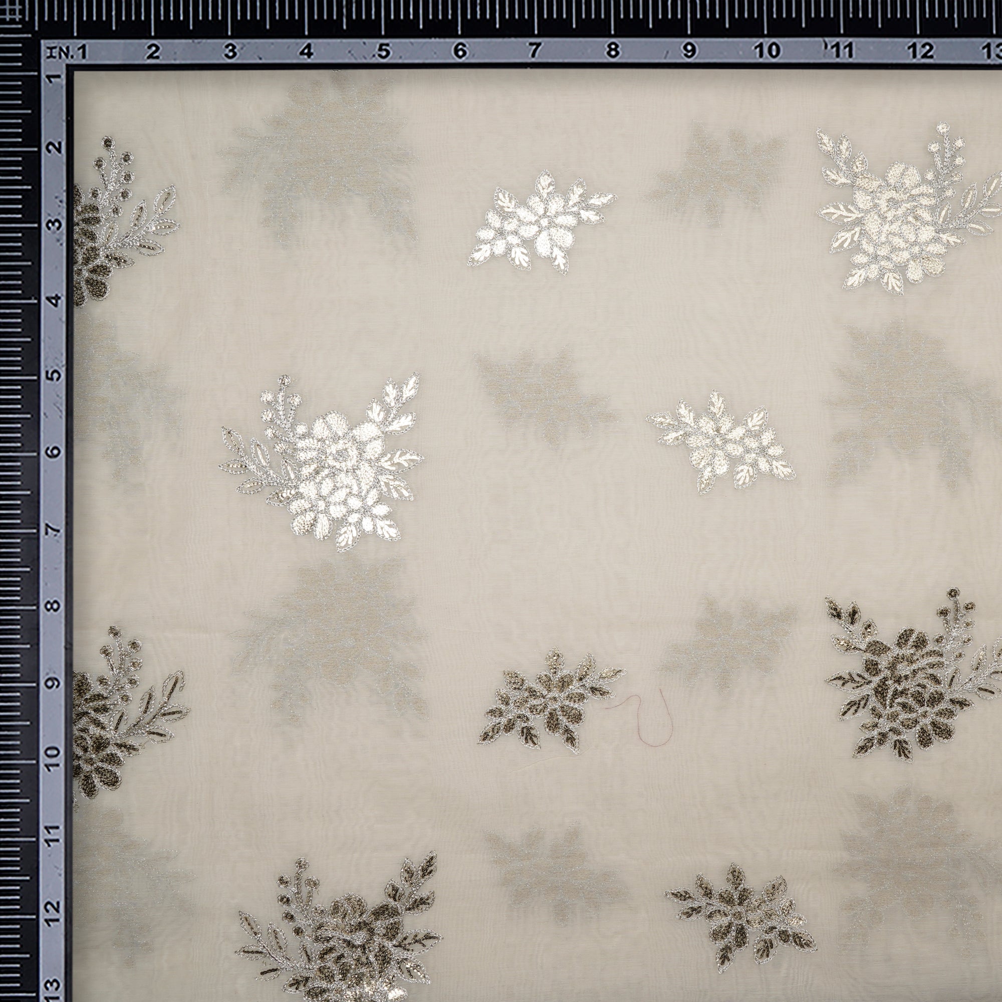 (Pre-Cut 2.70 Mtr)Off White Dyeable Motif Pattern Embroidered Chanderi Fabric