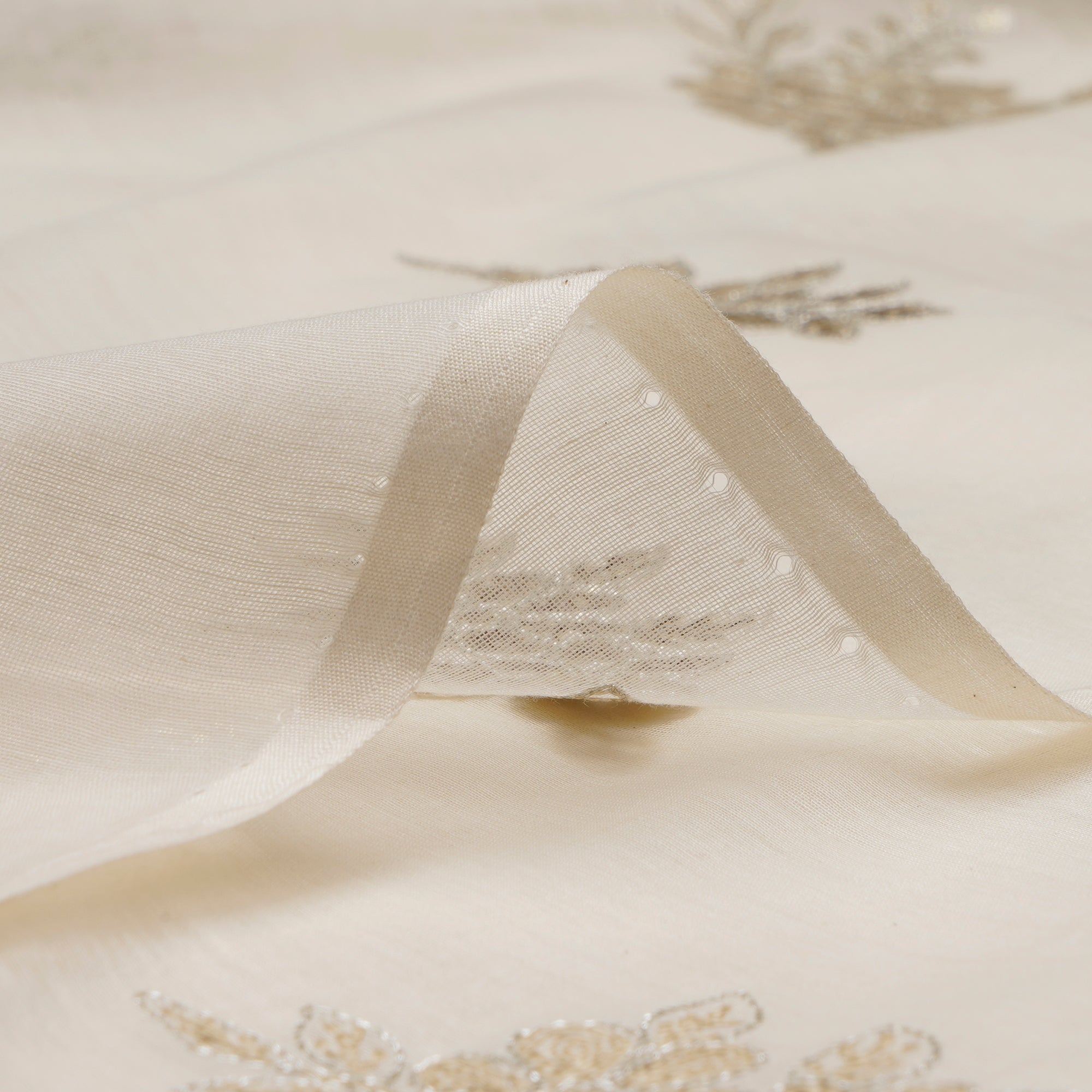 (Pre-Cut 2.70 Mtr)Off White Dyeable Motif Pattern Embroidered Chanderi Fabric