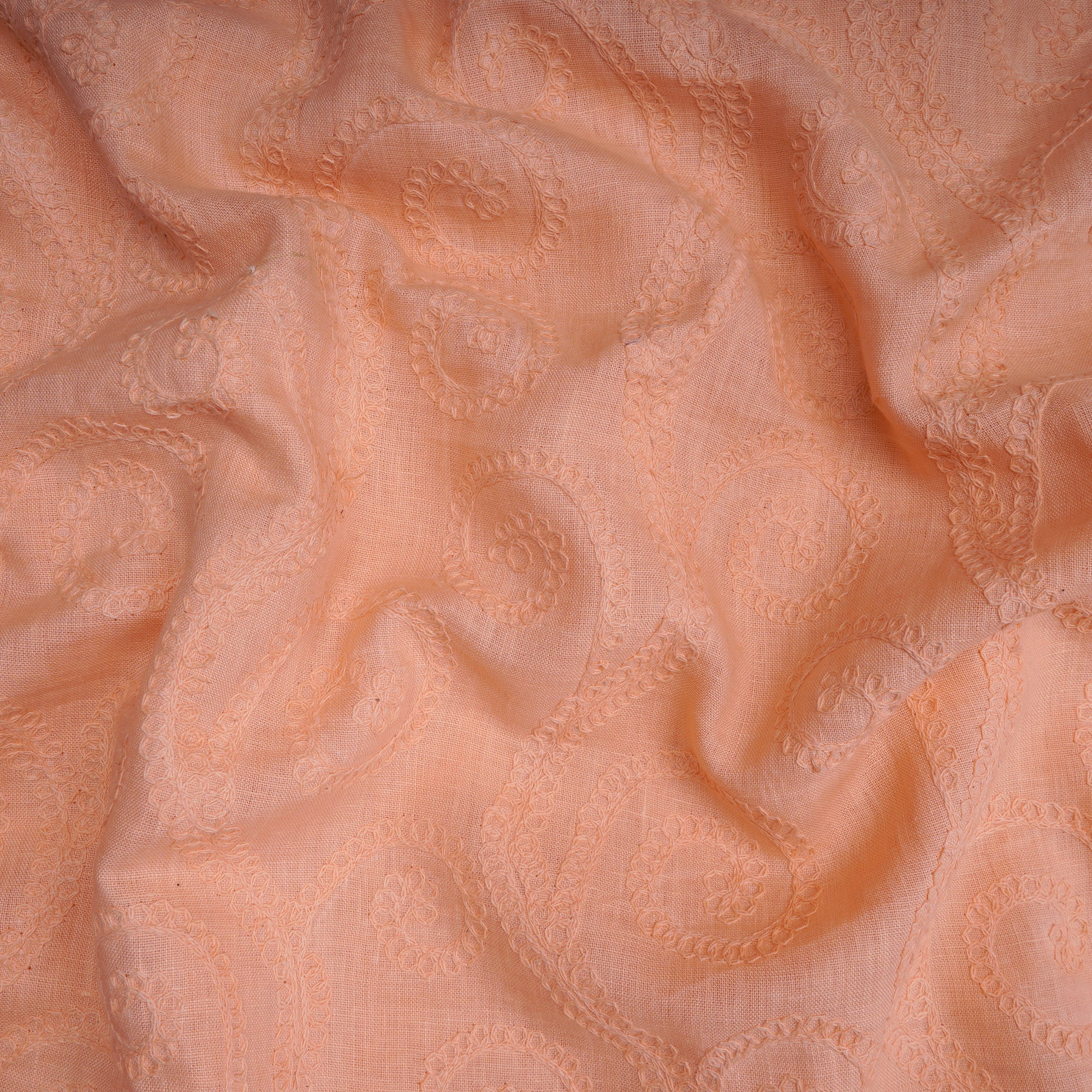 (Pre-Cut 1.40 Mtr) PeachPuff All Over Pattern Thread Embroidered Cotton Linen Fabric