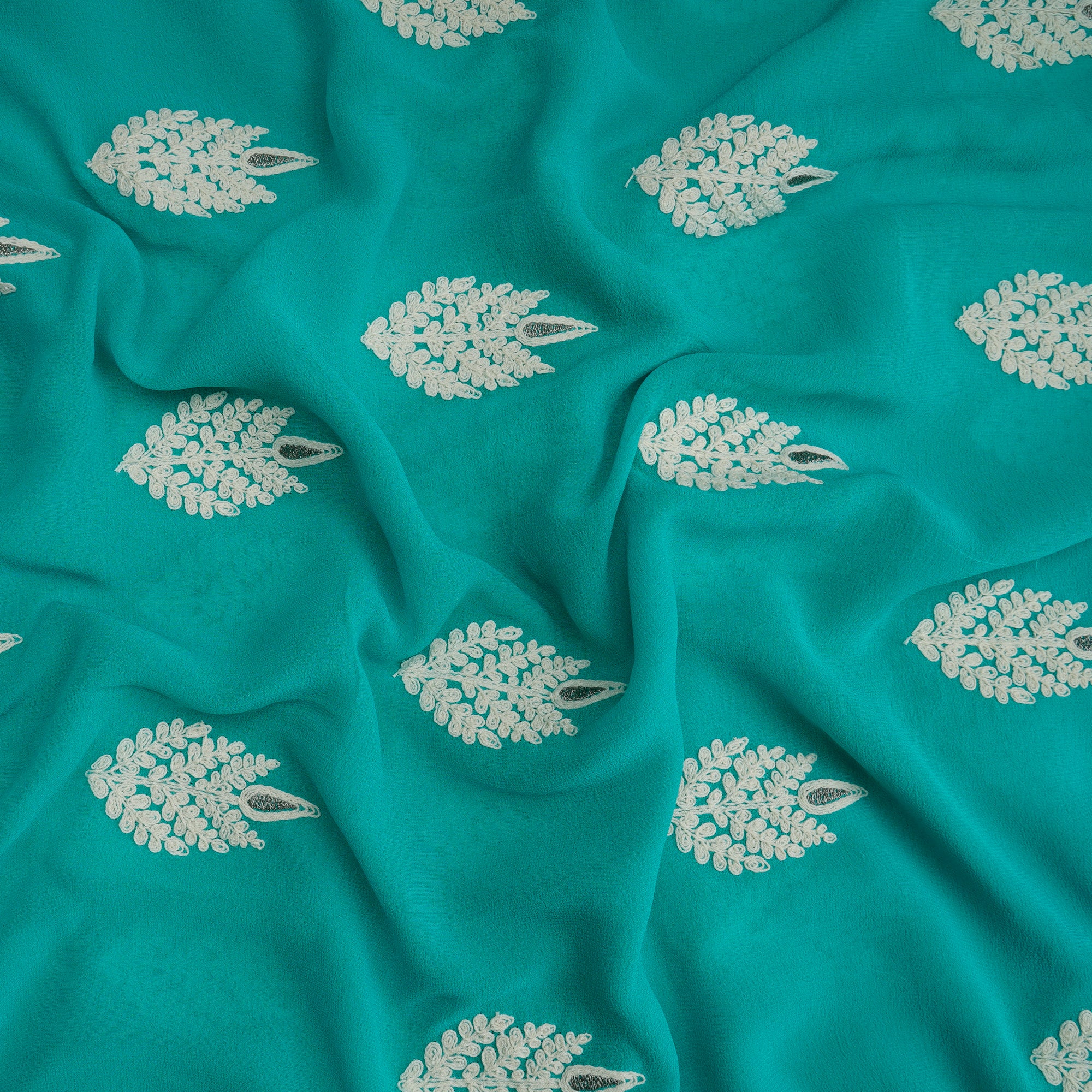 (Pre-Cut 3.50 Mtr) Turquoise Motif Pattern Thread Embroidered Silk Fabric