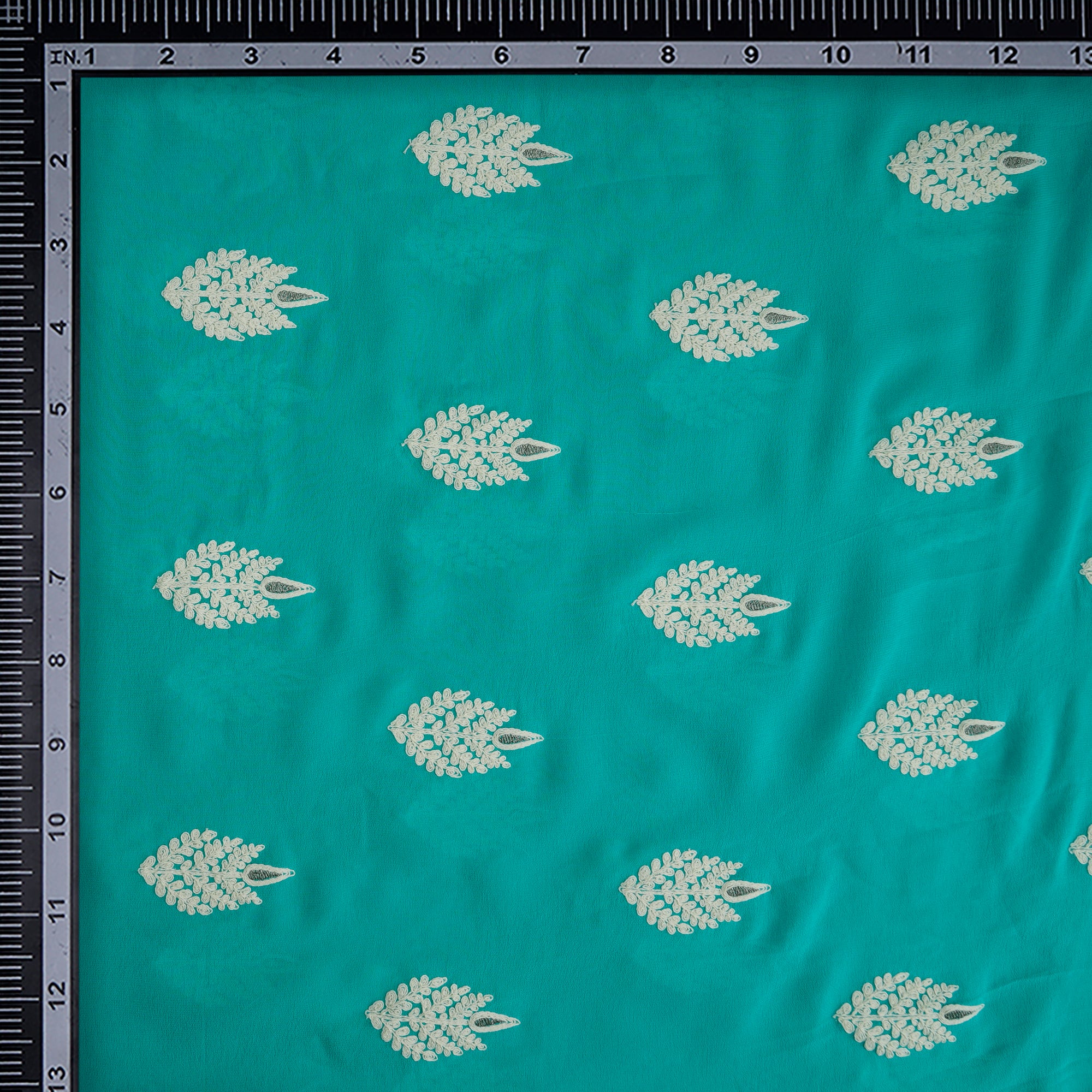 (Pre-Cut 3.50 Mtr) Turquoise Motif Pattern Thread Embroidered Silk Fabric