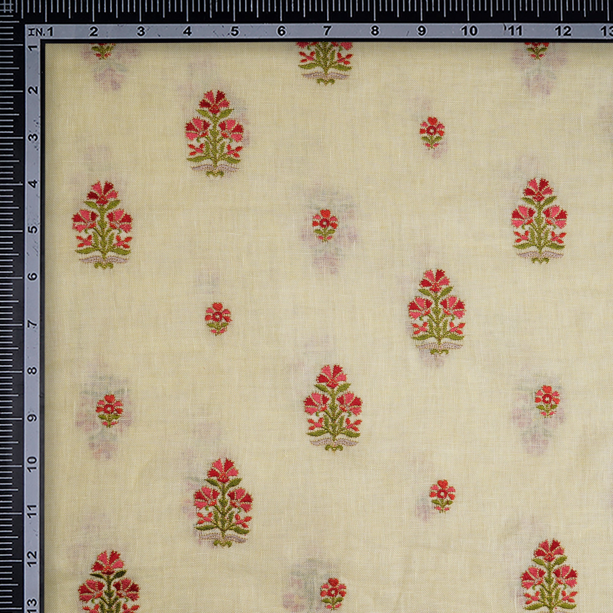 (Pre-Cut 3.20 Mtr) Ethereal Green Floral Motif Pattern Thread Embroidered Linen Fabric