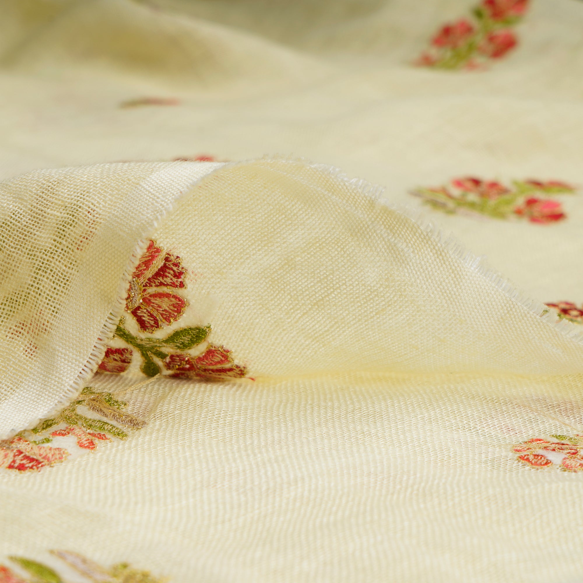 (Pre-Cut 3.20 Mtr) Ethereal Green Floral Motif Pattern Thread Embroidered Linen Fabric