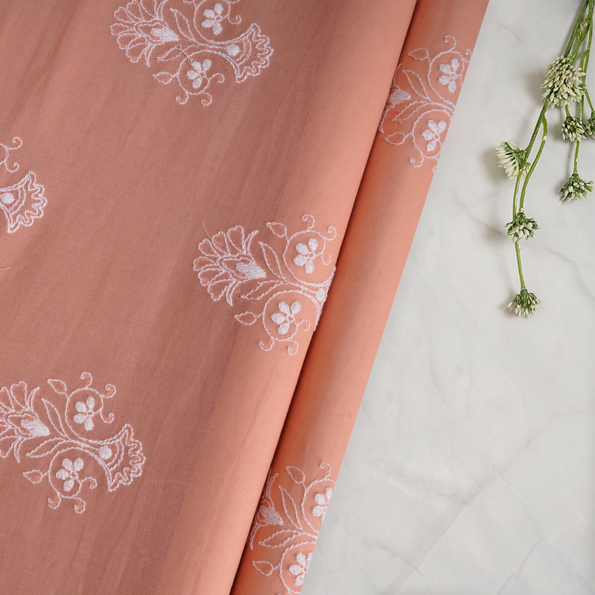 (Pre-Cut 0.50 Mtr) Peach-White Motif Pattern Thread Embroidered Cotton Voile Fabric