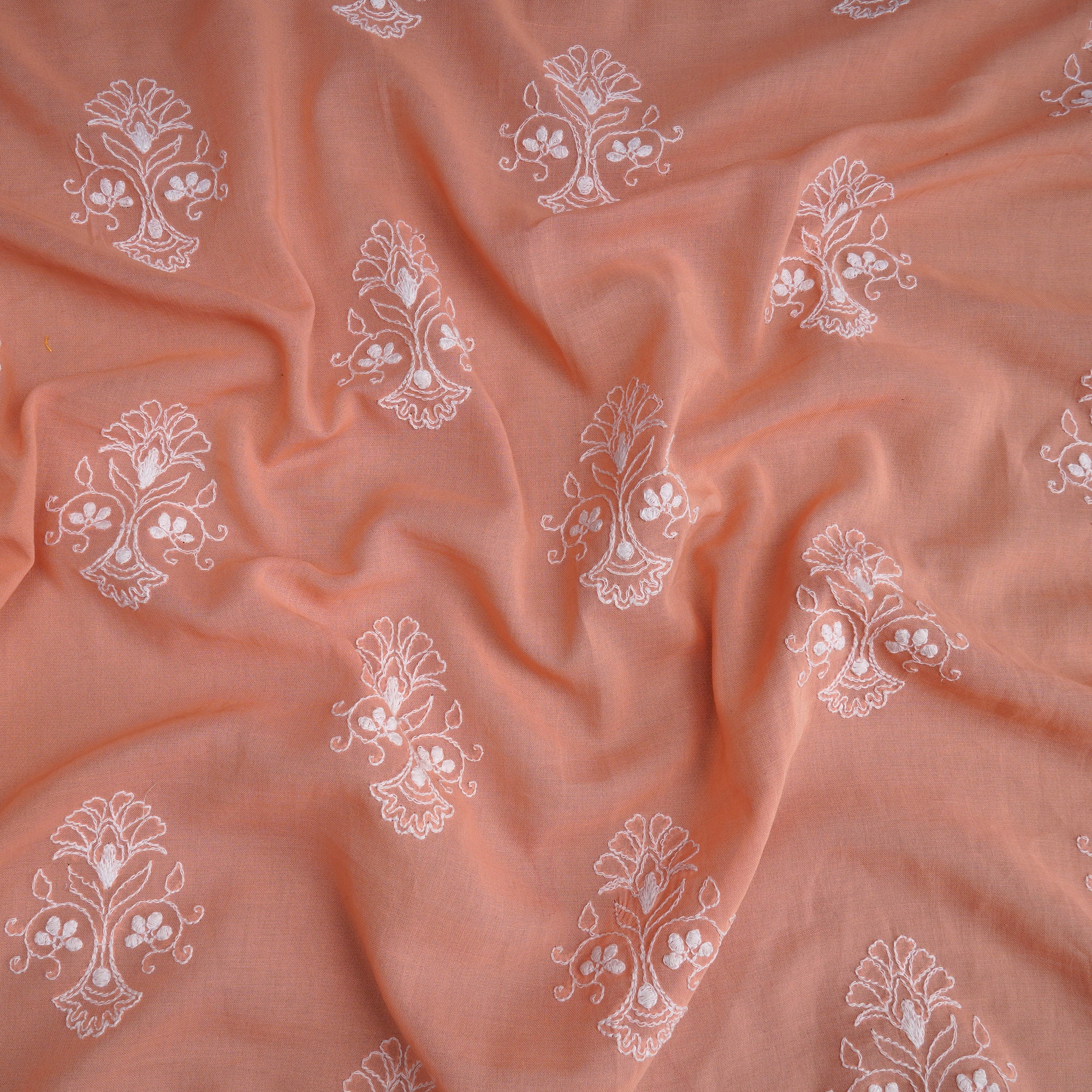 (Pre-Cut 0.50 Mtr) Peach-White Motif Pattern Thread Embroidered Cotton Voile Fabric