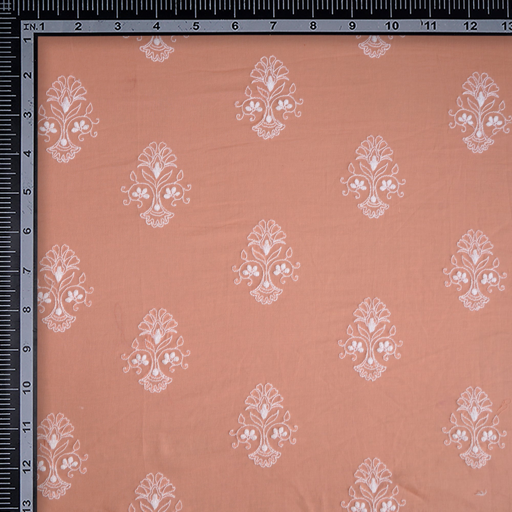 (Pre-Cut 0.50 Mtr) Peach-White Motif Pattern Thread Embroidered Cotton Voile Fabric