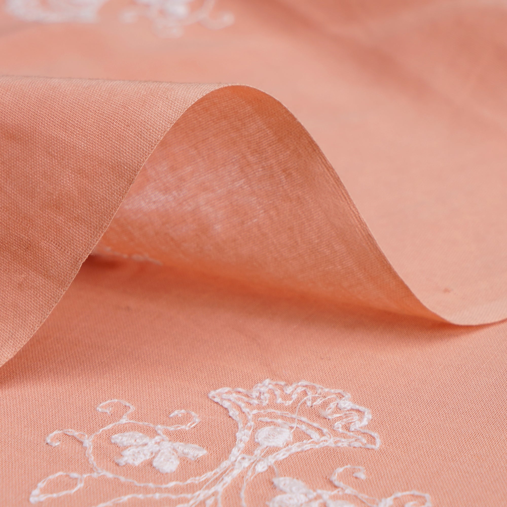 (Pre-Cut 0.50 Mtr) Peach-White Motif Pattern Thread Embroidered Cotton Voile Fabric