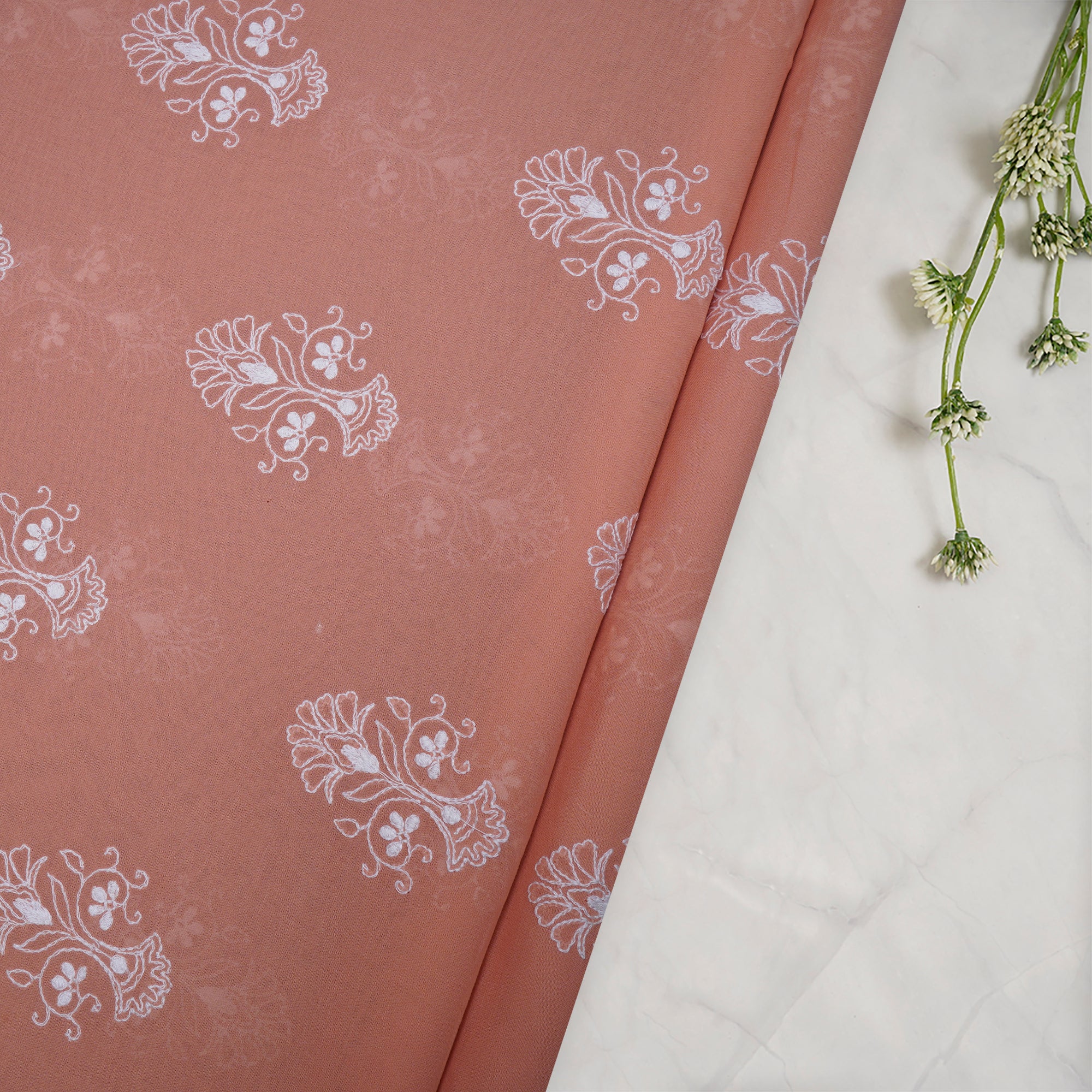 (Pre-Cut 2.00 Mtr)Peach-White Color Embroidered Cotton Voile Fabric