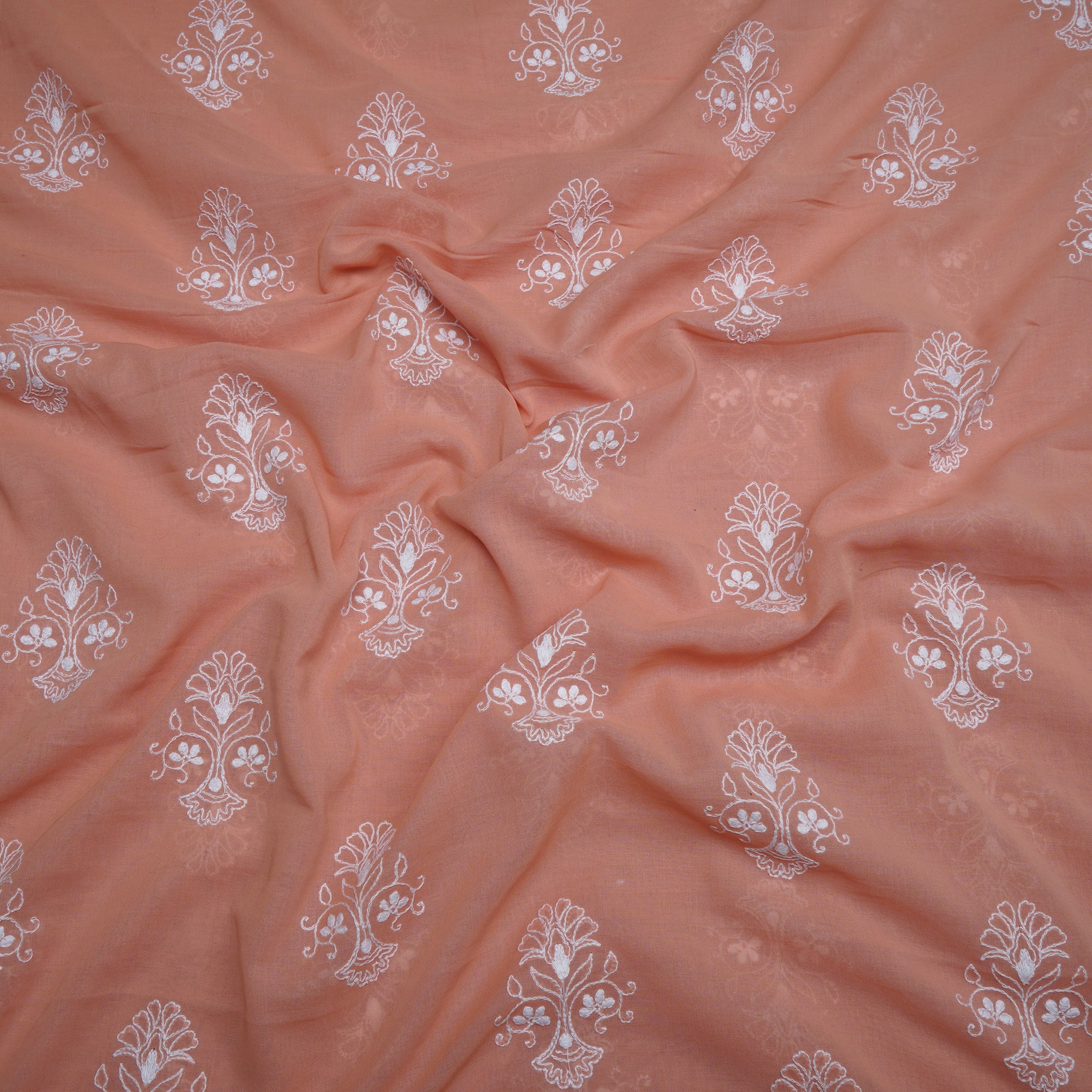 (Pre-Cut 2.00 Mtr)Peach-White Color Embroidered Cotton Voile Fabric