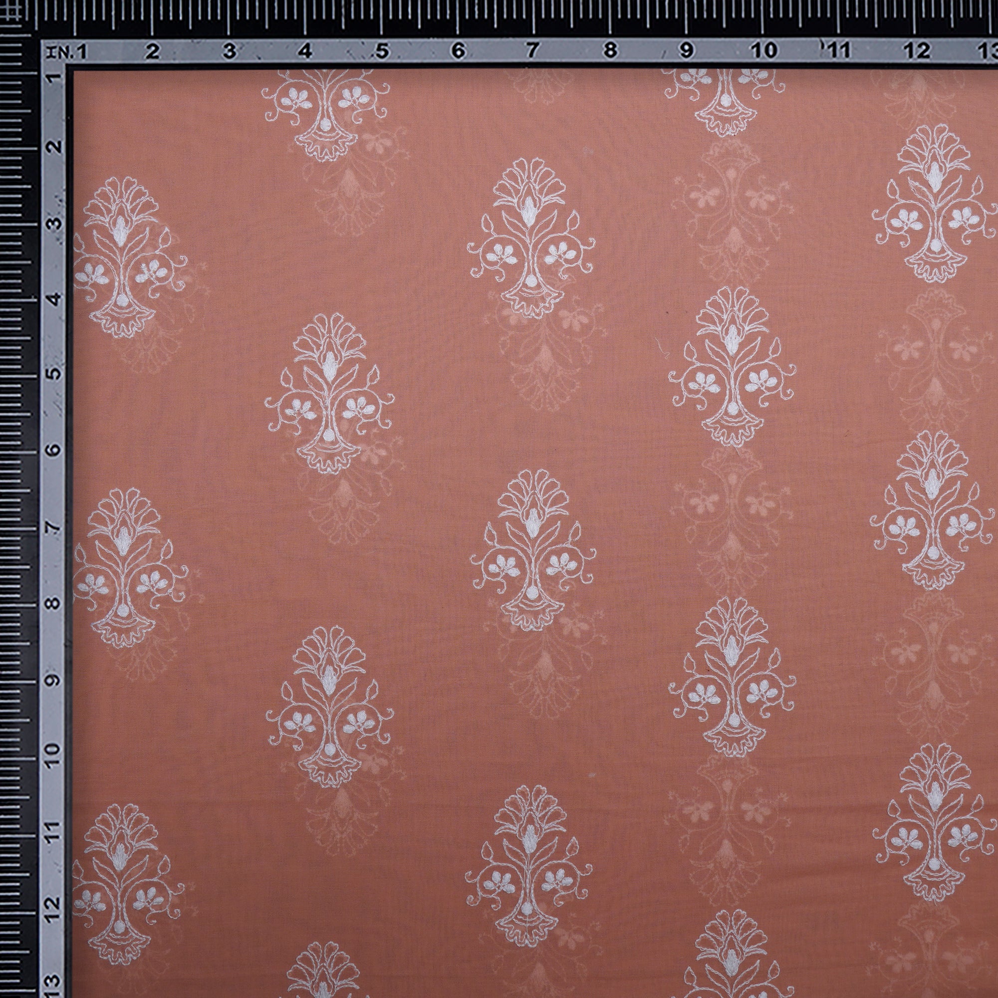 (Pre-Cut 2.00 Mtr)Peach-White Color Embroidered Cotton Voile Fabric