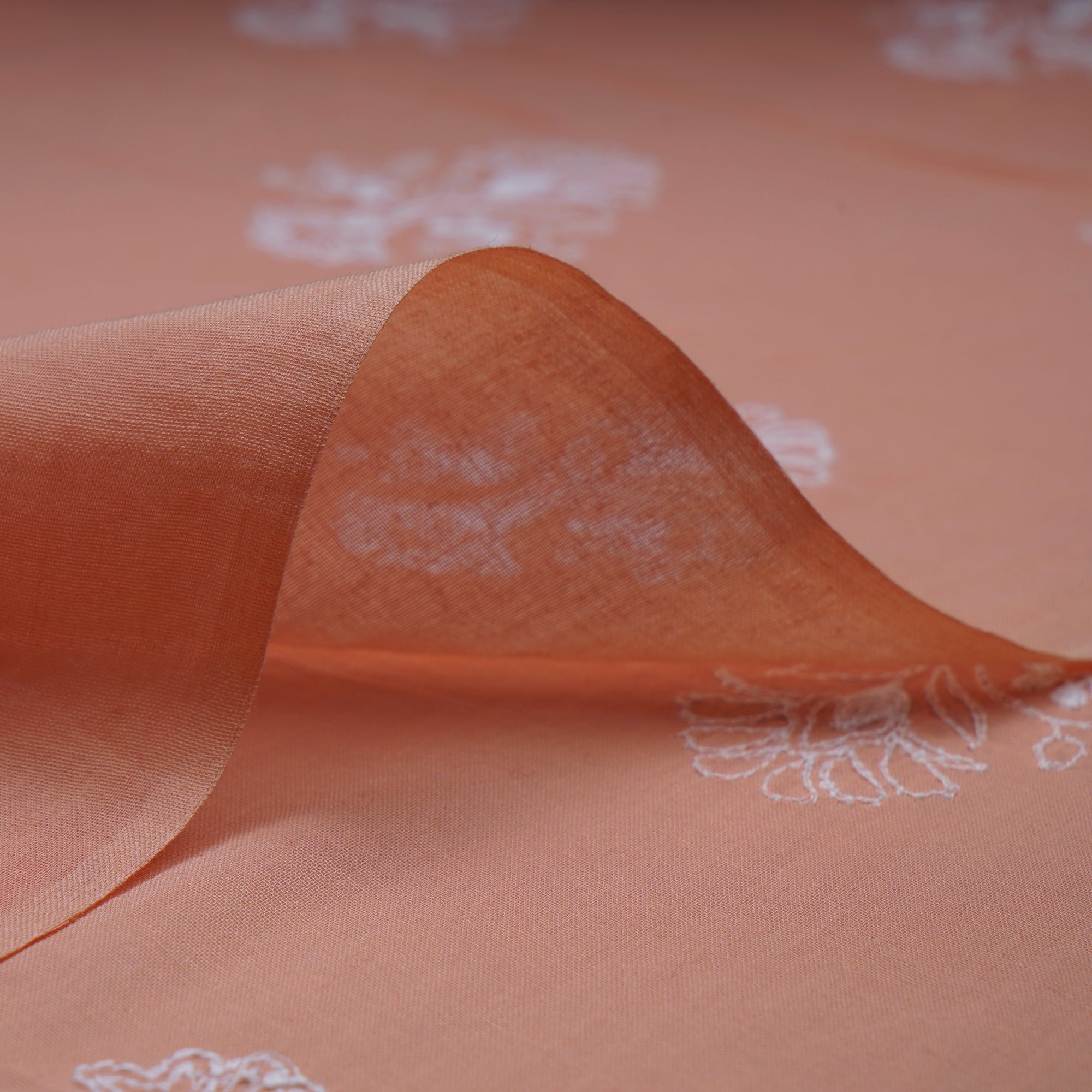 (Pre-Cut 2.00 Mtr)Peach-White Color Embroidered Cotton Voile Fabric