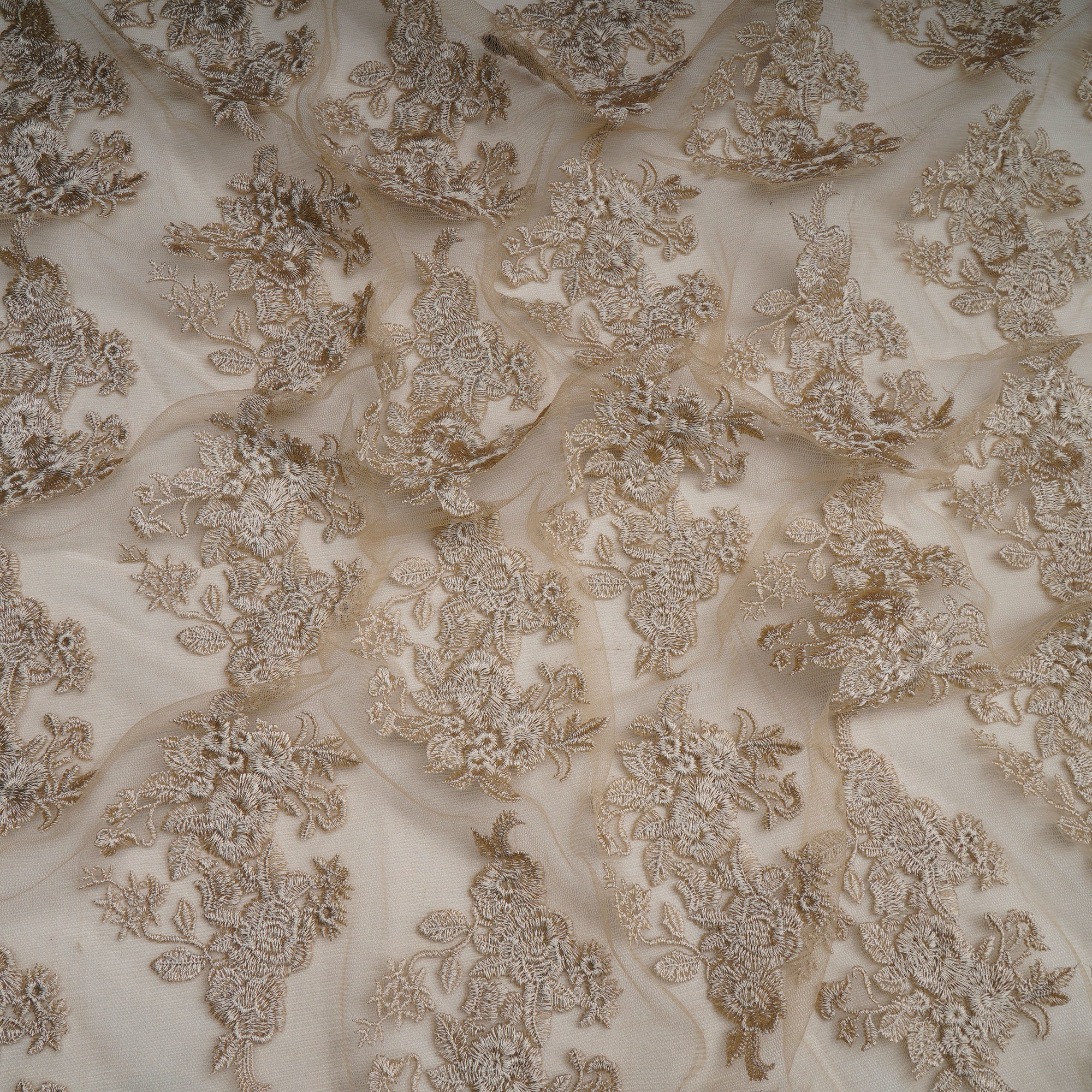 (Pre-Cut 1.50 Mtr)Beige Floral Pattern Thread Embroidered Nylon Net Fabric