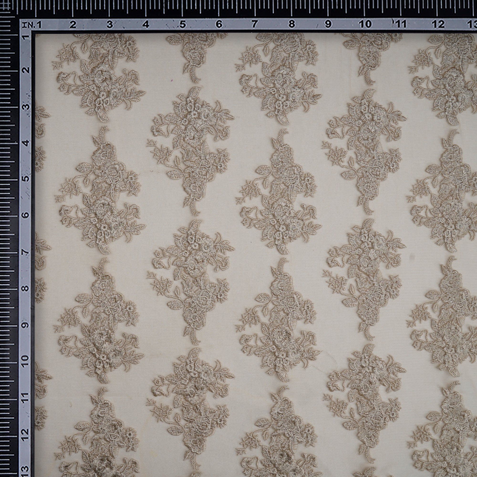 (Pre-Cut 1.50 Mtr)Beige Floral Pattern Thread Embroidered Nylon Net Fabric