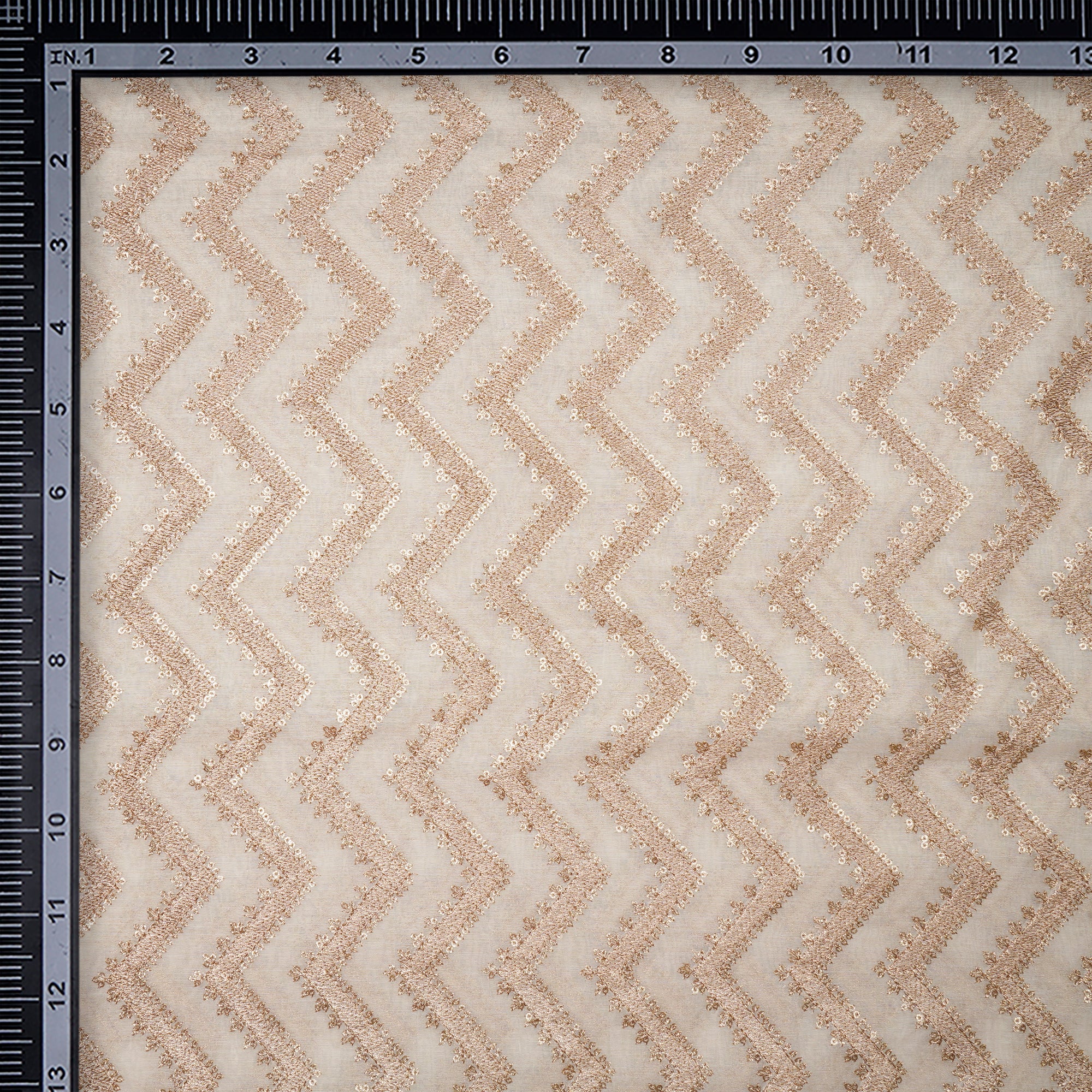 (Pre-Cut 0.90 Mtr)Off-White Dyeable Chevron Pattern Zari & Sequins Embroidered Chanderi Fabric
