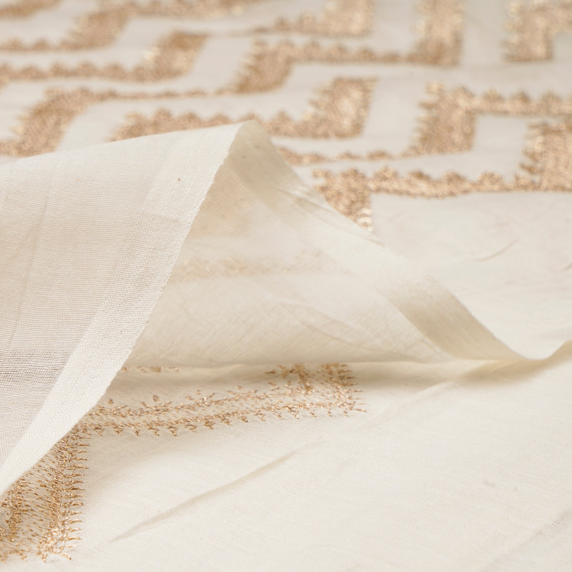 (Pre-Cut 0.90 Mtr)Off-White Dyeable Chevron Pattern Zari & Sequins Embroidered Chanderi Fabric