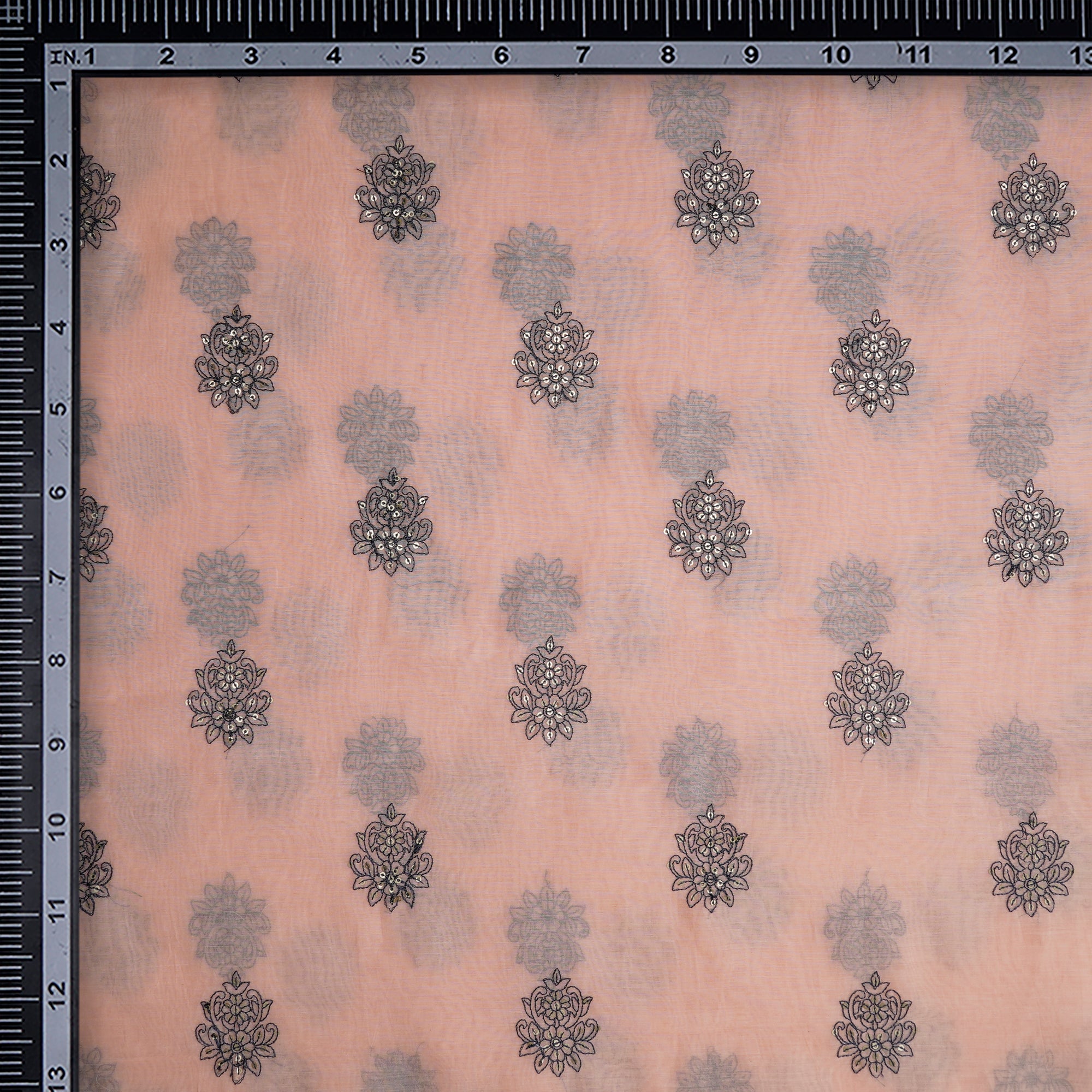 (Pre-Cut 4.00 Mtr)Peach-Black Motif Pattern Thread & Sequins Embroidered Fine Chanderi Fabric