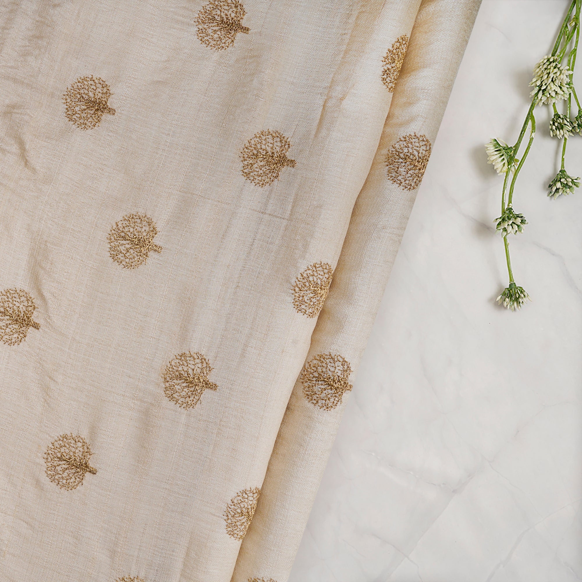 (Pre-Cut 1.00 Mtr) Beige Motif Pattern Zari Embroidered Silk Fabric