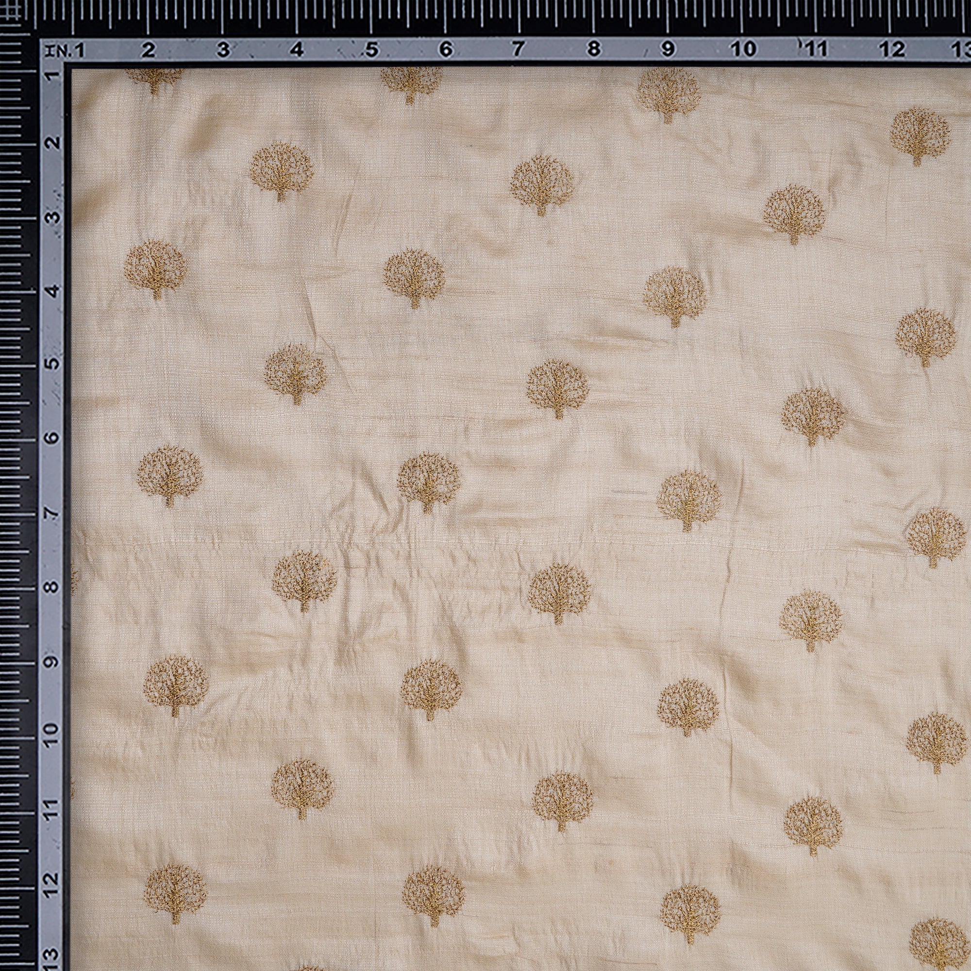 (Pre-Cut 1.00 Mtr) Beige Motif Pattern Zari Embroidered Silk Fabric