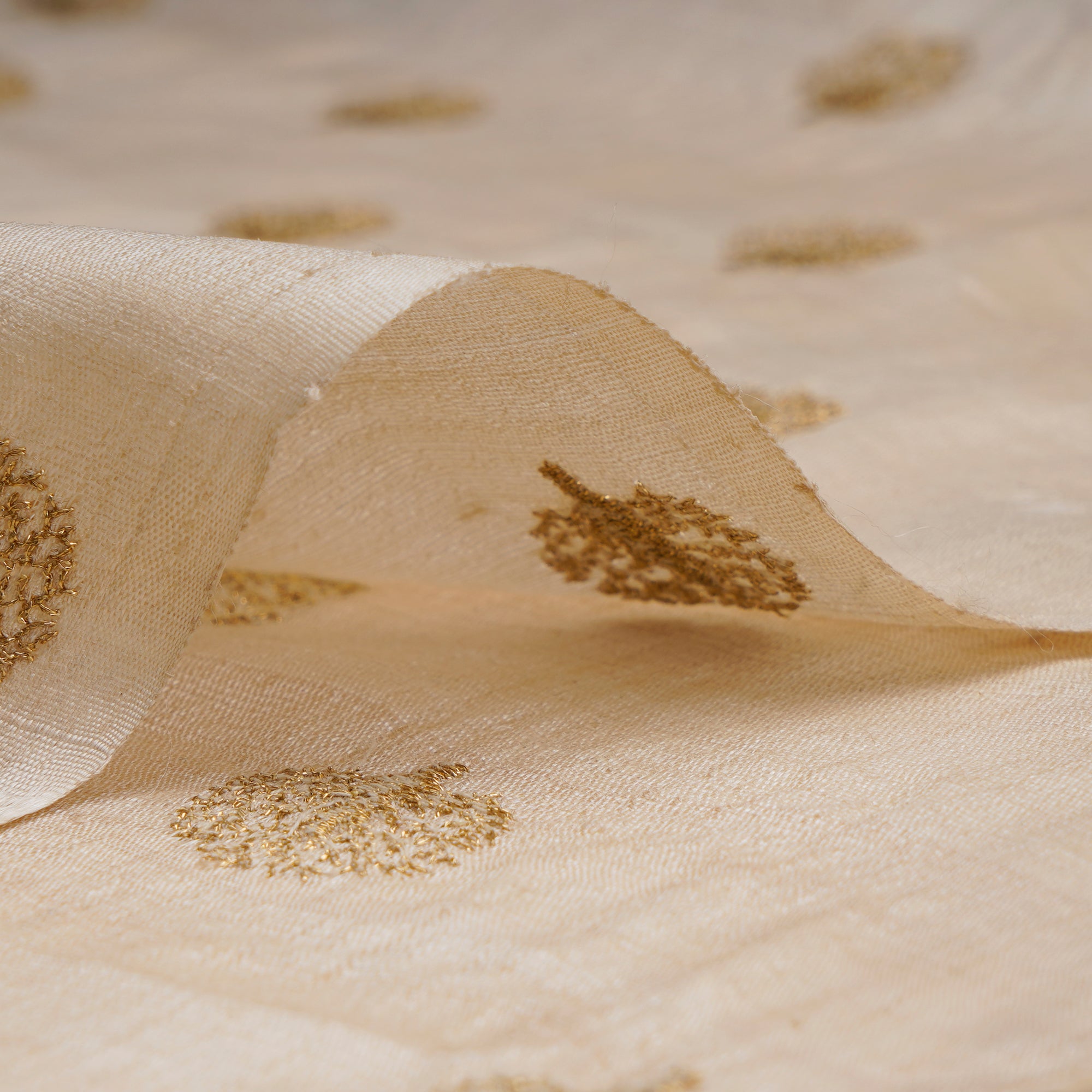 (Pre-Cut 1.00 Mtr) Beige Motif Pattern Zari Embroidered Silk Fabric