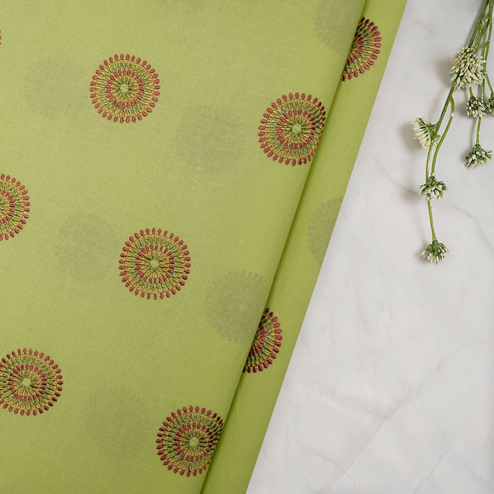 (Pre-Cut 2.00 Mtr) Light Green Motif Pattern Thread Embroidered Cotton Fabric