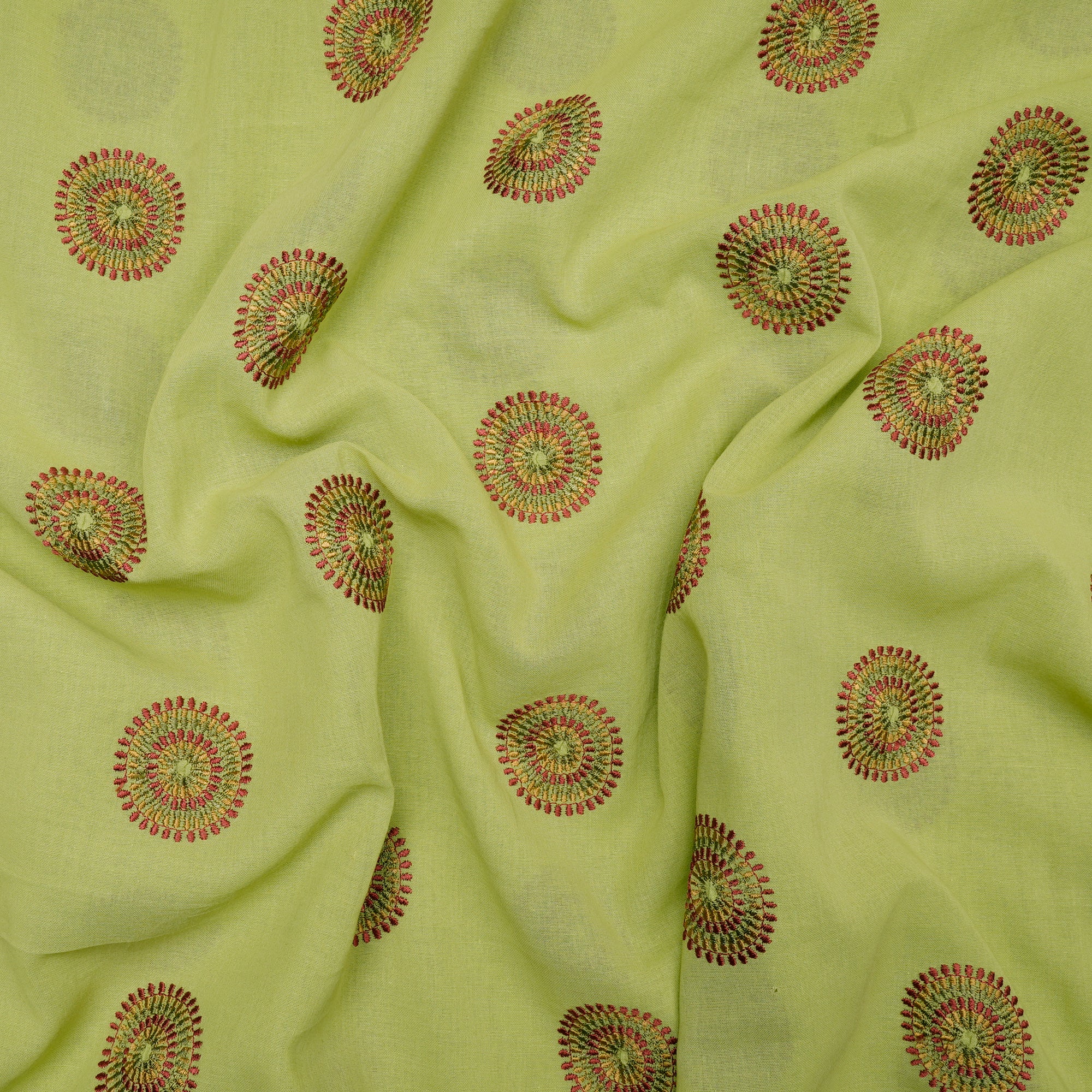 (Pre-Cut 2.00 Mtr) Light Green Motif Pattern Thread Embroidered Cotton Fabric