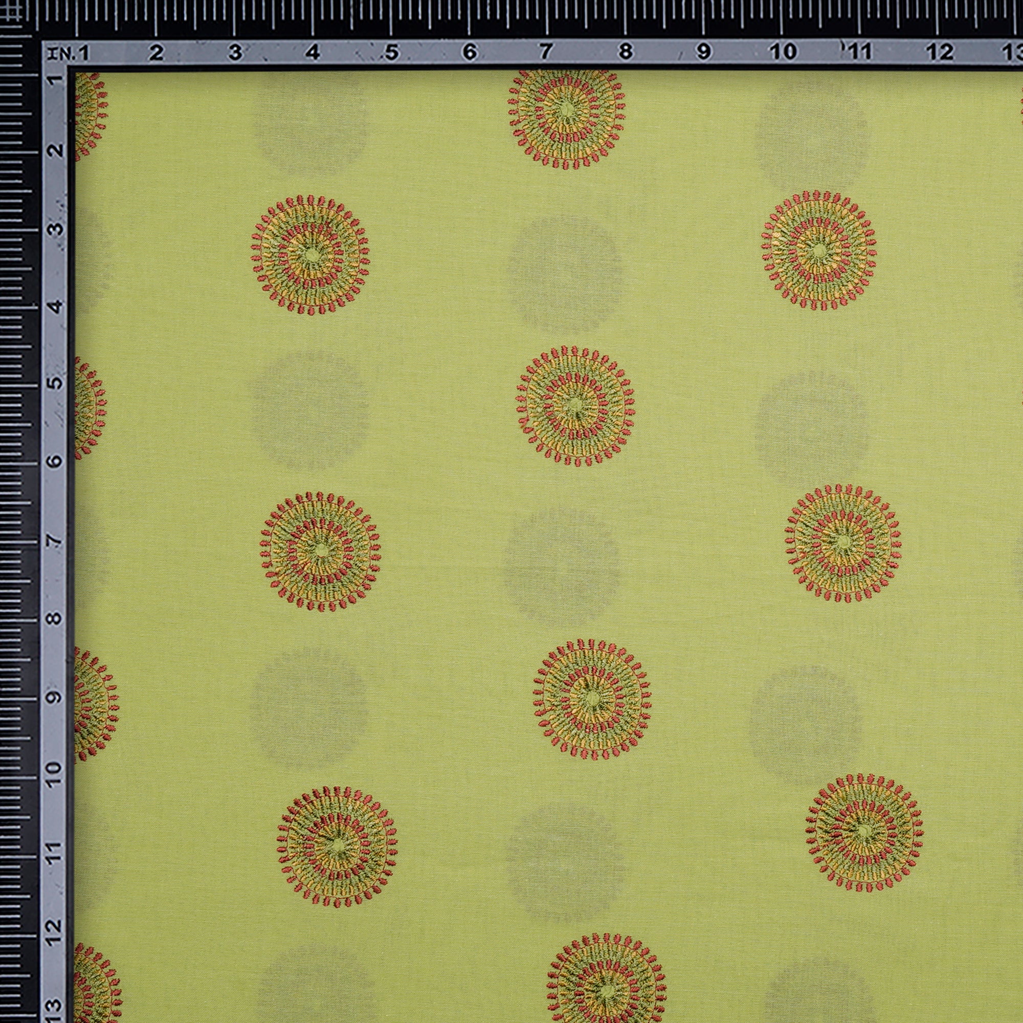 (Pre-Cut 3.40 Mtr) Light Green Motif Pattern Thread Embroidered Cotton Fabric