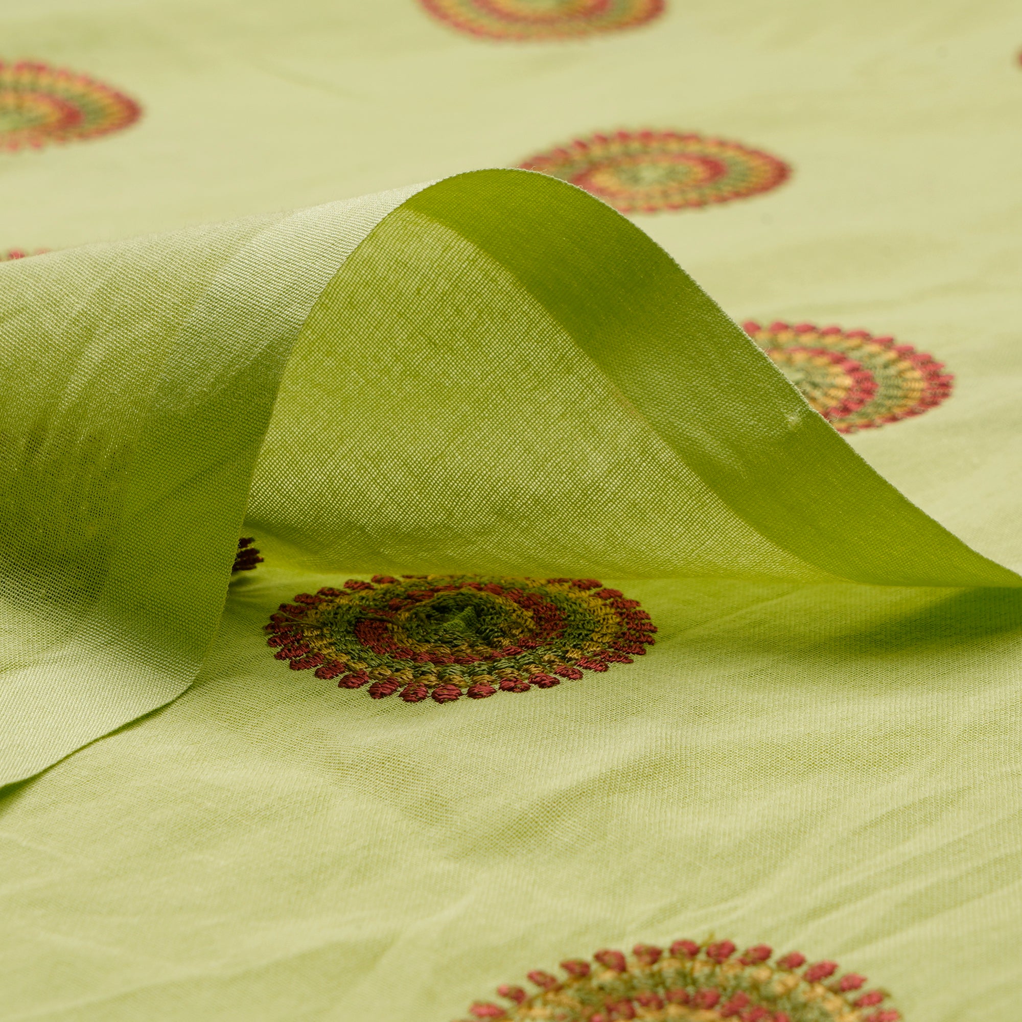 (Pre-Cut 3.40 Mtr) Light Green Motif Pattern Thread Embroidered Cotton Fabric